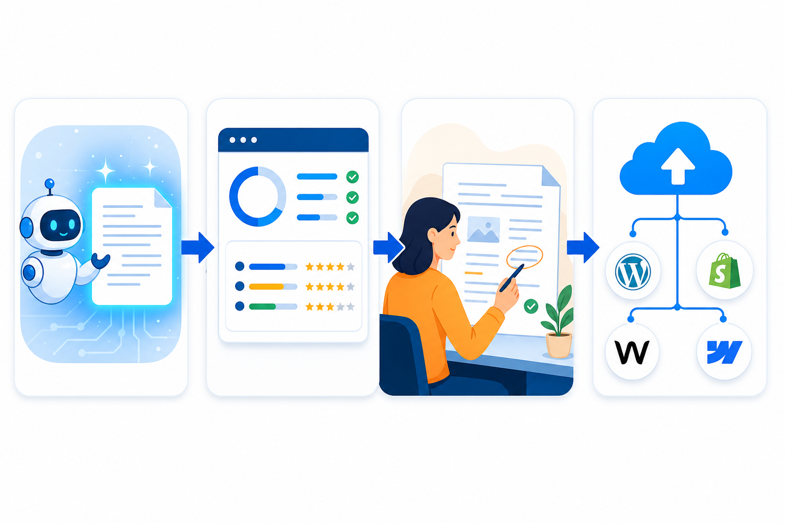 Chart: A flowchart diagram showing content moving from AI draft to quality scoring to human review to automated publishing across WordPress, Shopify, Wix and Webflow icons for AI vs Human Writers: Finding the Right Content Mix
