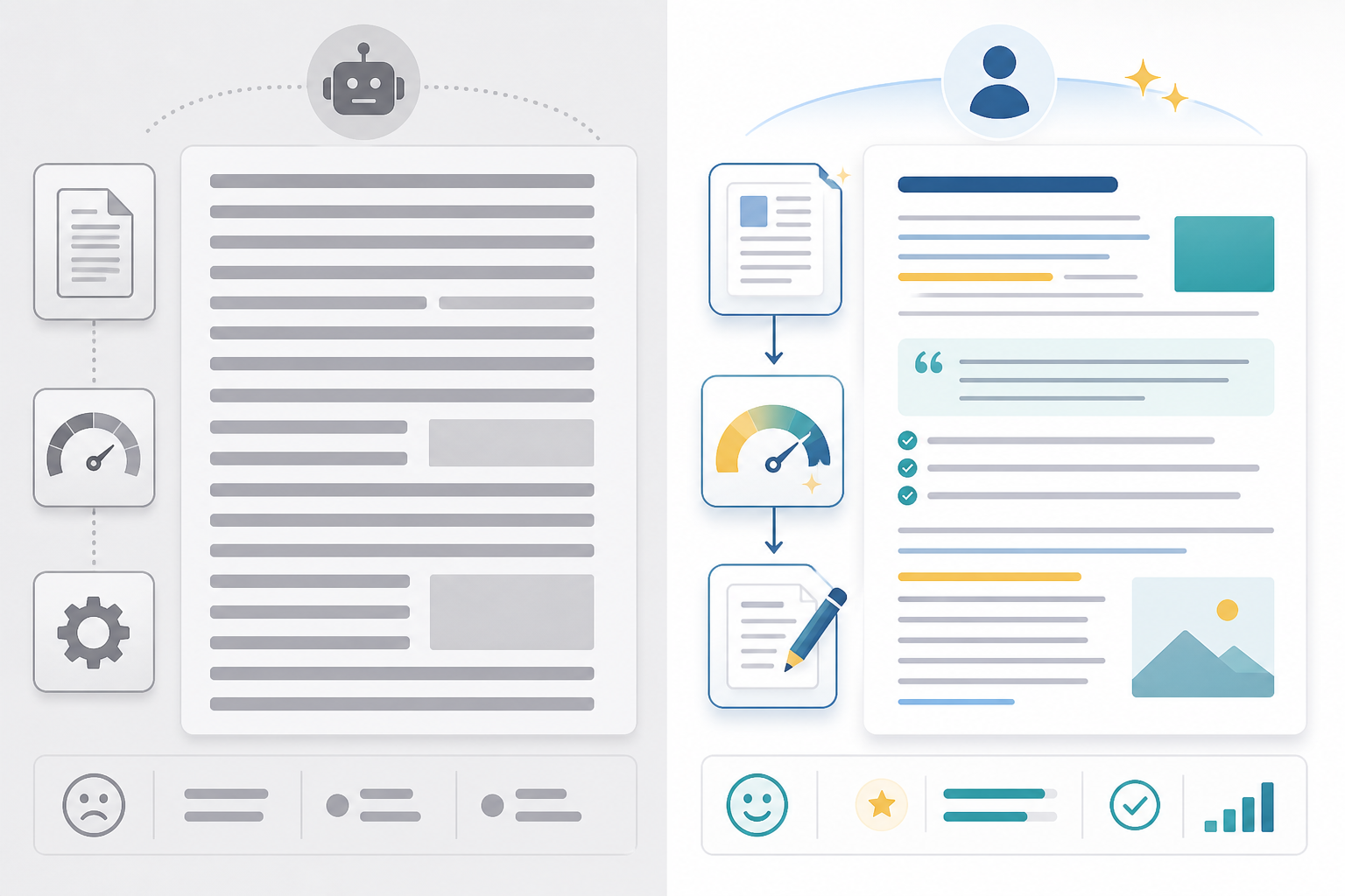 Comparison: Side-by-side comparison graphic showing 'Generic AI Output' vs 'Quality-Scored, Refined Output' with sample text snippets highlighting tone and structure differences for AI Writing Assistants vs Human Writers: Myths Debunked