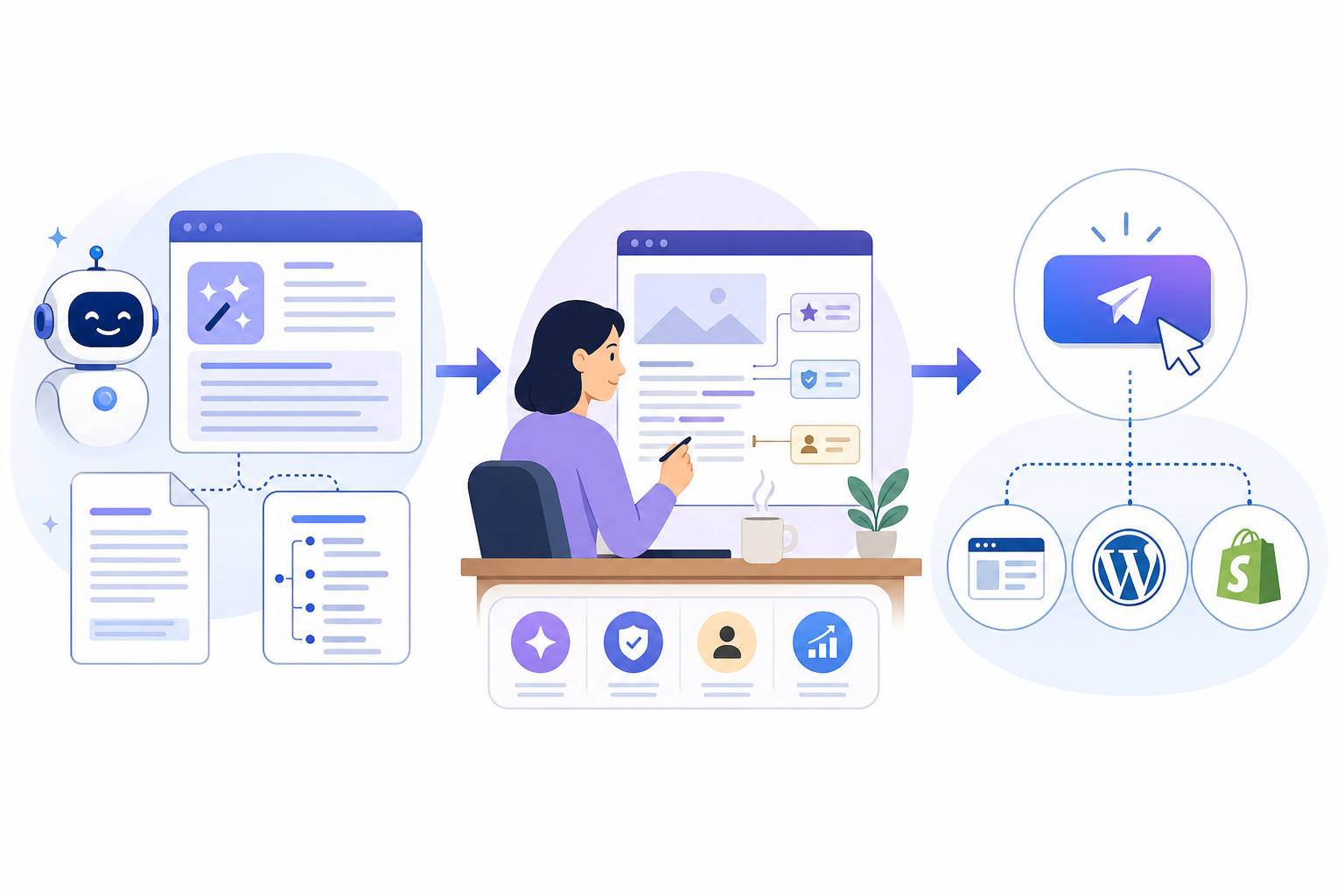 Diagram: Simple flow diagram illustrating a hybrid content workflow: AI drafts and structures content, human edits for voice and strategy, then one-click publishing to platforms like WordPress and Shopify for AI Writing Assistants vs Human Writers: Myths Debunked