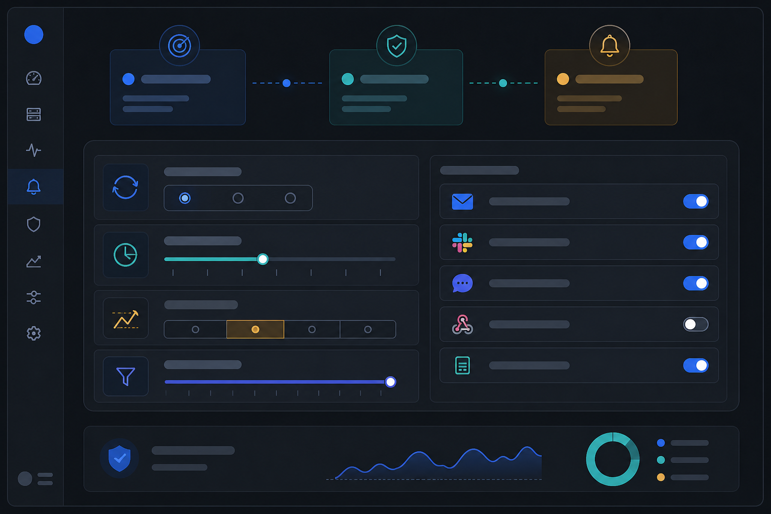 Illustration: A clean screenshot-style mockup of a monitoring dashboard settings panel showing retry count, confirmation delay, and alert channel routing options, minimal UI design with a dark mode theme for Alert Fatigue Is Real: How to Stop False Downtime Alarms