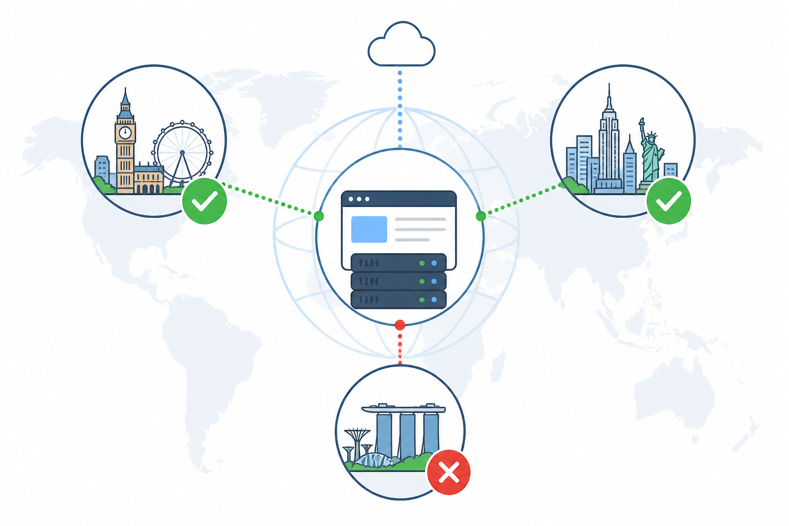Diagram: A diagram showing a website being checked from three different world regions (e.g., London, New York, Singapore), with two regions showing green checkmarks and one showing a red X, illustrating why a single failed region doesn't trigger a false alarm for Alert Fatigue Is Real: How to Stop False Downtime Alarms