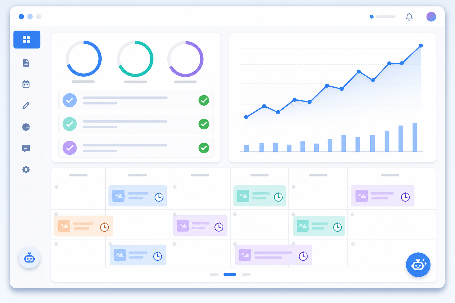 Illustration: A clean dashboard screenshot mockup showing quality scores, traffic analytics, and a content calendar with upcoming scheduled blog posts for Auto-Pilot Scheduling: Consistent Blogging Made Easy