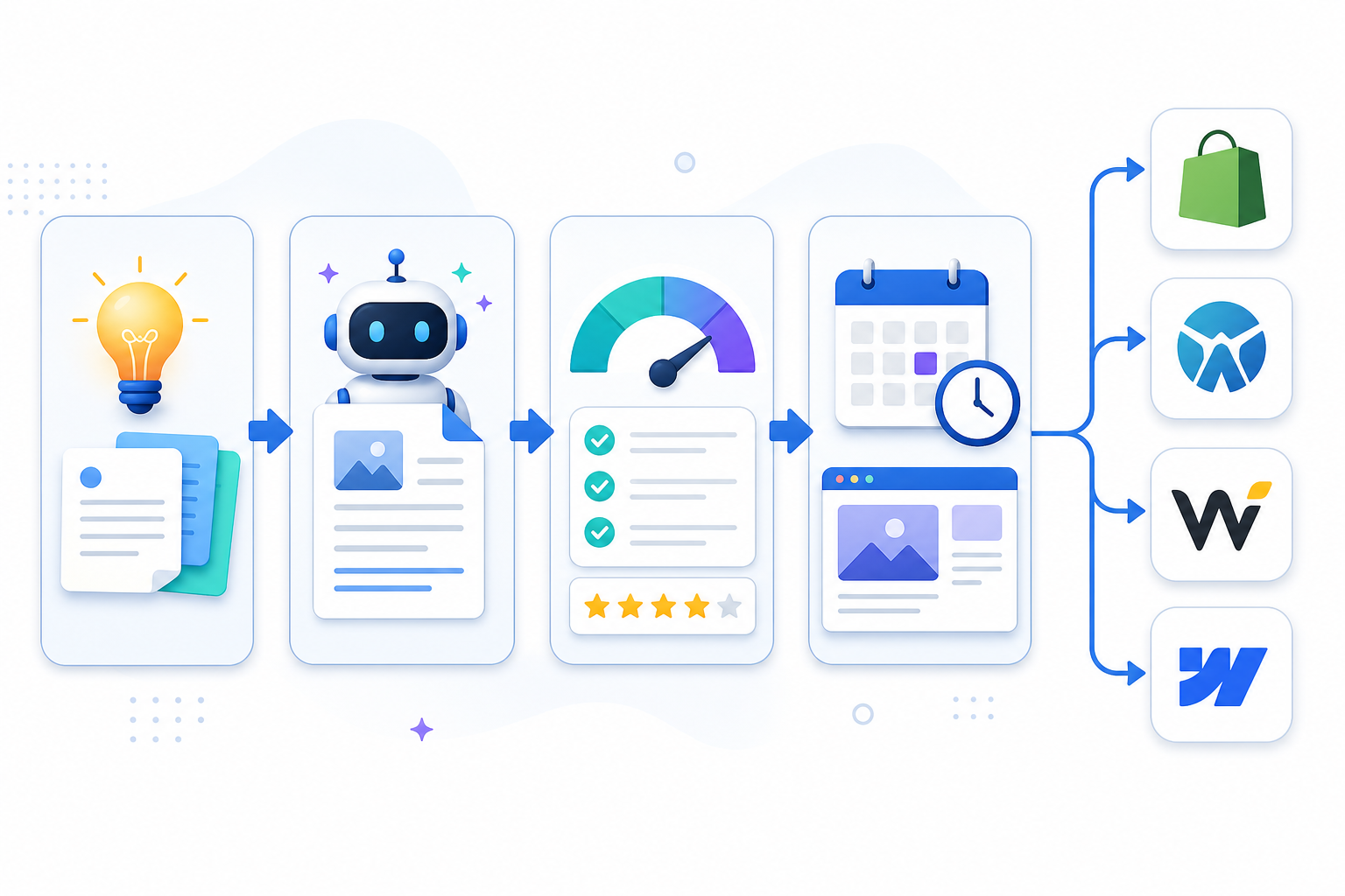 Diagram: A simple diagram showing the auto-pilot scheduling flow: topic input, AI content generation, quality scoring, then automated publishing to platform icons for Shopify, WordPress, Wix, and Webflow for Auto-Pilot Scheduling: Consistent Blogging Made Easy