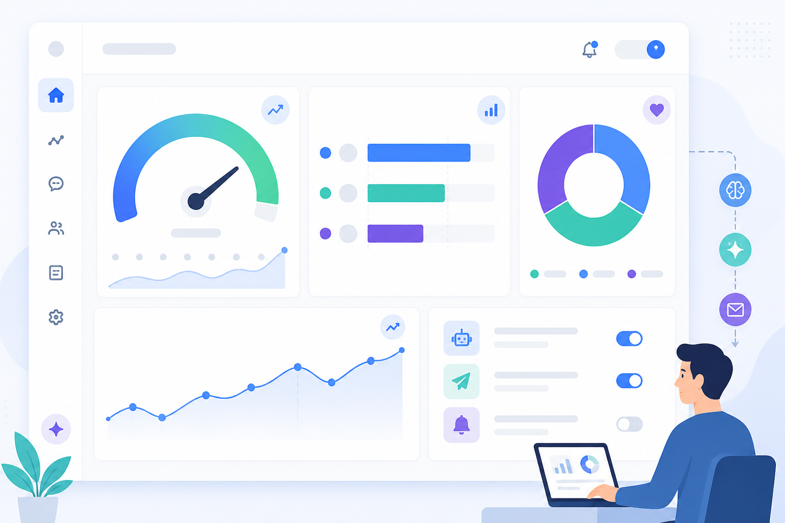 Chart: A mockup of a weekly AI visibility digest dashboard showing a 0-100 visibility score gauge, a share of voice bar chart against two competitors, and a sentiment breakdown pie chart, modern SaaS dashboard UI style for Automating AI Mention Tracking: A Guide for Busy Founders