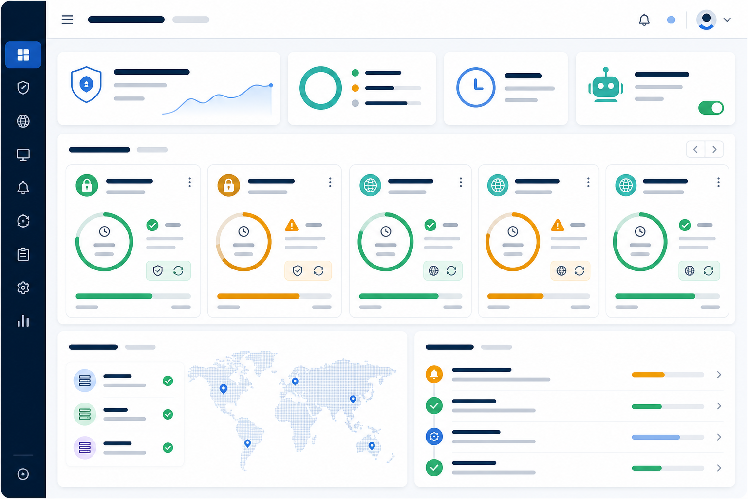 Illustration: A dashboard screenshot mockup showing SSL and domain expiration monitors with countdown timers and multi-region check indicators, clean SaaS UI style for Automating Certificate and Domain Renewal Alerts for IT Teams