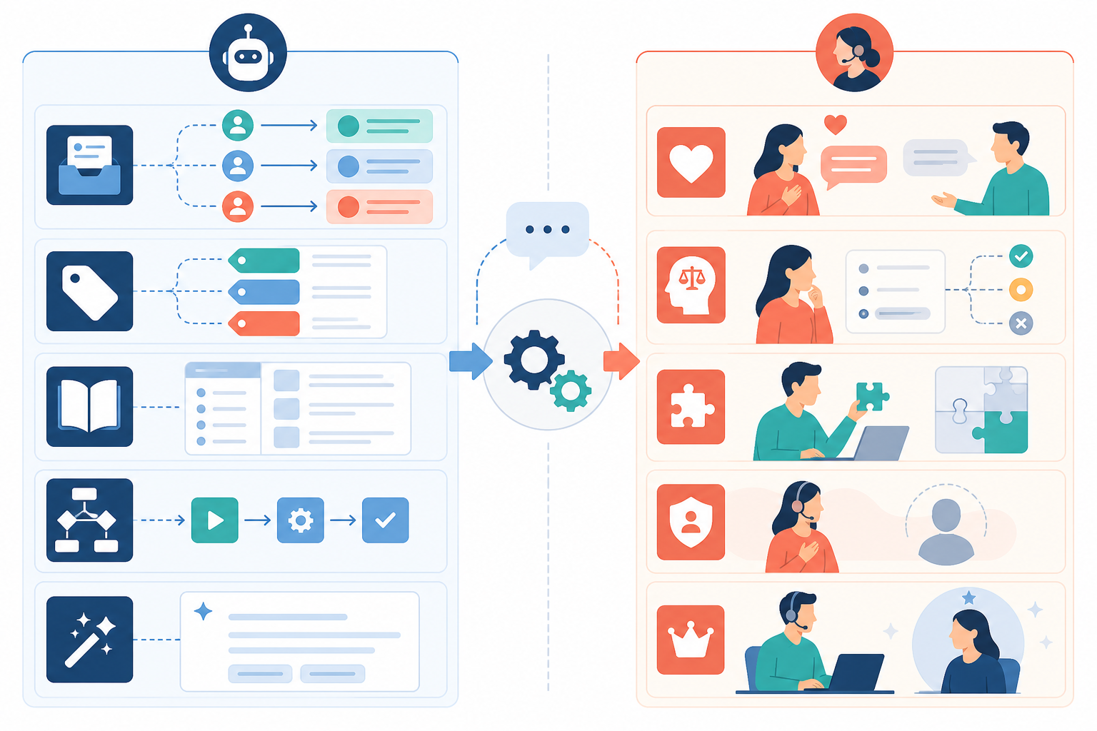Diagram: A two-column diagram titled 'Automate' and 'Keep Human' with simple icons representing tasks like routing, tagging, and drafts on one side, and empathy, judgment, and VIP conversations on the other, minimal flat illustration style for Automating Customer Support Without Losing the Personal Touch