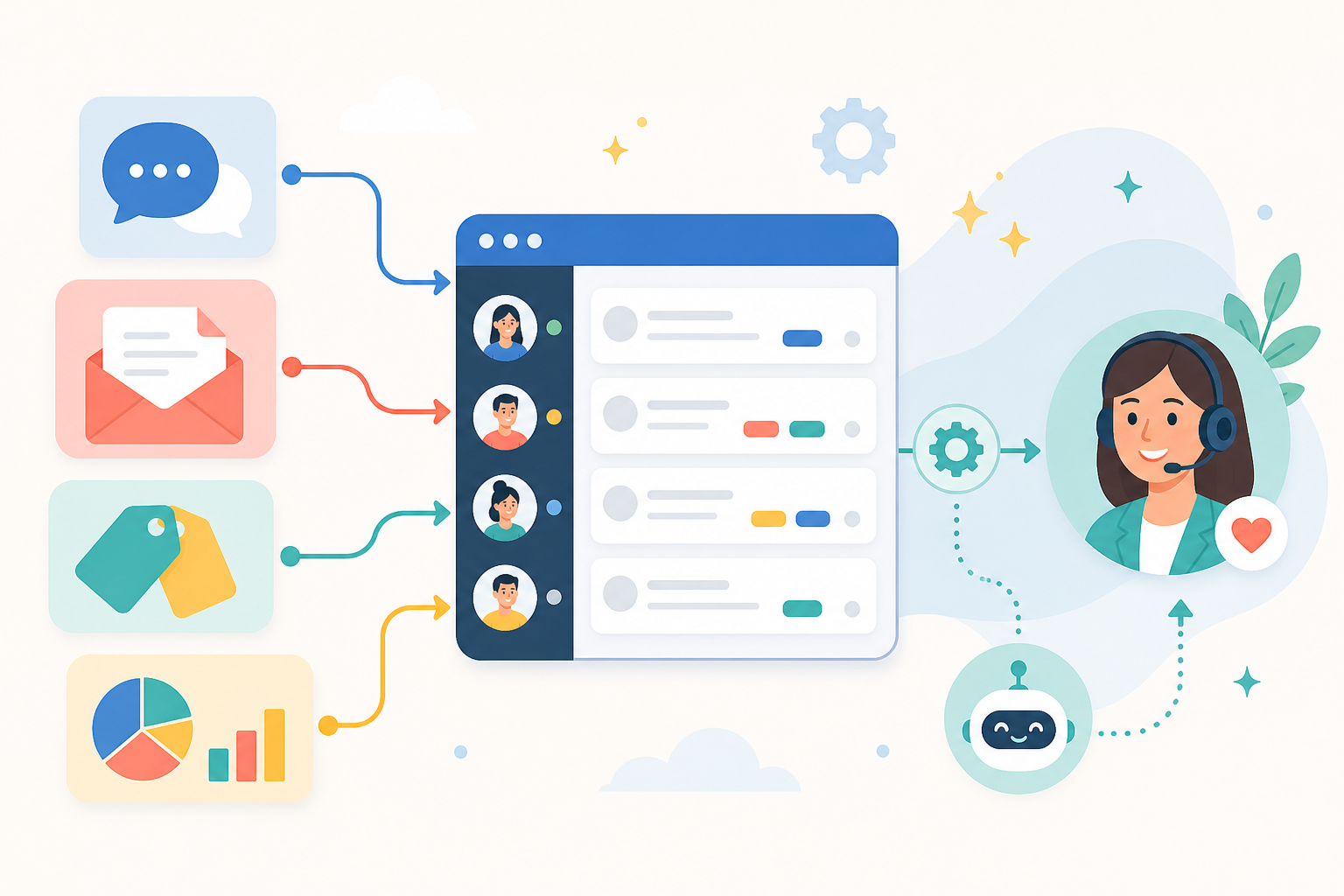Infographic: A simple infographic showing a shared inbox interface with icons for live chat, email ticketing, tagging, and reporting flowing into one unified dashboard, clean flat design with a friendly colour palette for Automating Customer Support Without Losing the Personal Touch