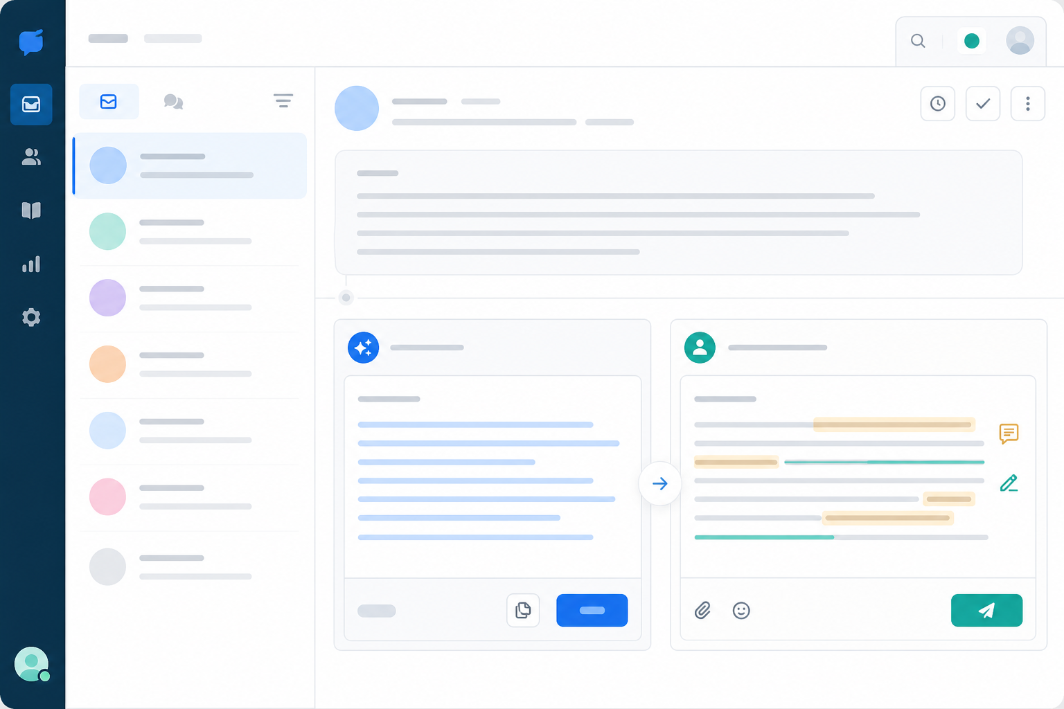 Illustration: A screenshot-style mockup of a support inbox showing an AI-generated draft reply next to a human-edited final version, subtle highlighting on the edited portions, clean SaaS product UI style for Automating Customer Support Without Losing the Personal Touch