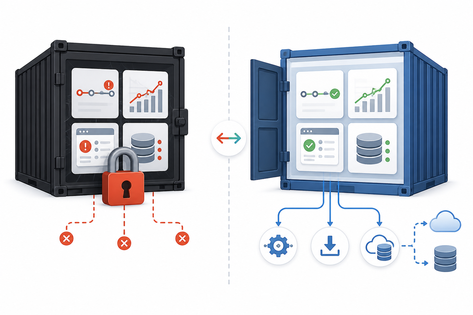 Diagram: A simple diagram showing a 'locked vendor' box with data trapped inside (incident history, analytics, status pages) contrasted against an 'open vendor' box with the same data flowing out freely via API and export icons. for Avoiding Vendor Lock-In: Why Data Export Matters for Agencies