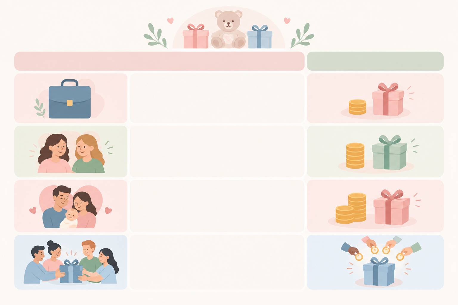 Comparison: A clean, friendly comparison table showing typical gift spending ranges in rand by relationship (colleague, friend, close friend or family, group gift), with soft pastel colours and simple icons for Baby Registry Etiquette: What Every Guest Should Know