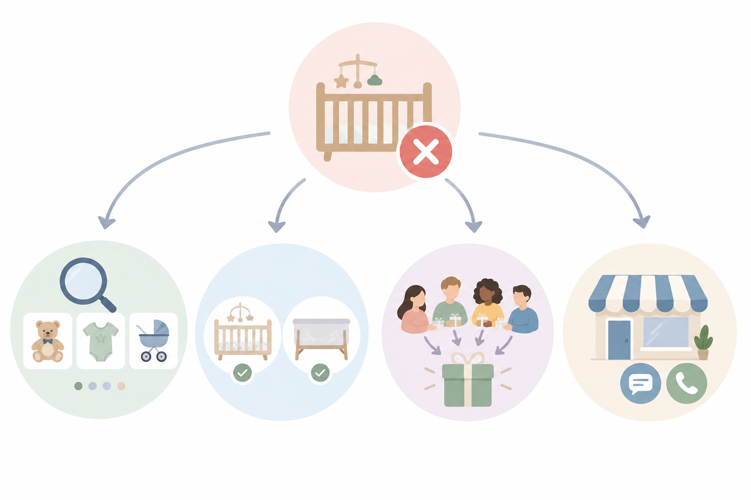 Diagram: A simple flow diagram showing what to do when a registry item is sold out or already purchased: check alternatives, pick a similar item, join a group gift, or contact the retailer for Baby Registry Etiquette: What Every Guest Should Know