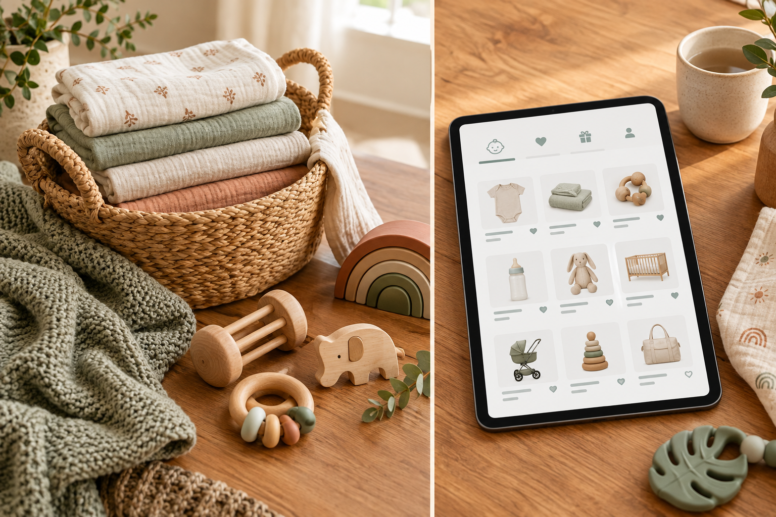 Illustration: A warm, softly lit flat lay of a South African nursery scene: a handwoven basket with muslin cloths, wooden baby toys, a knitted blanket and a tablet showing a baby registry, with warm earthy neutral tones and a cosy coffee-shop feel for Baby Registry Mistakes First-Time SA Parents Should Avoid