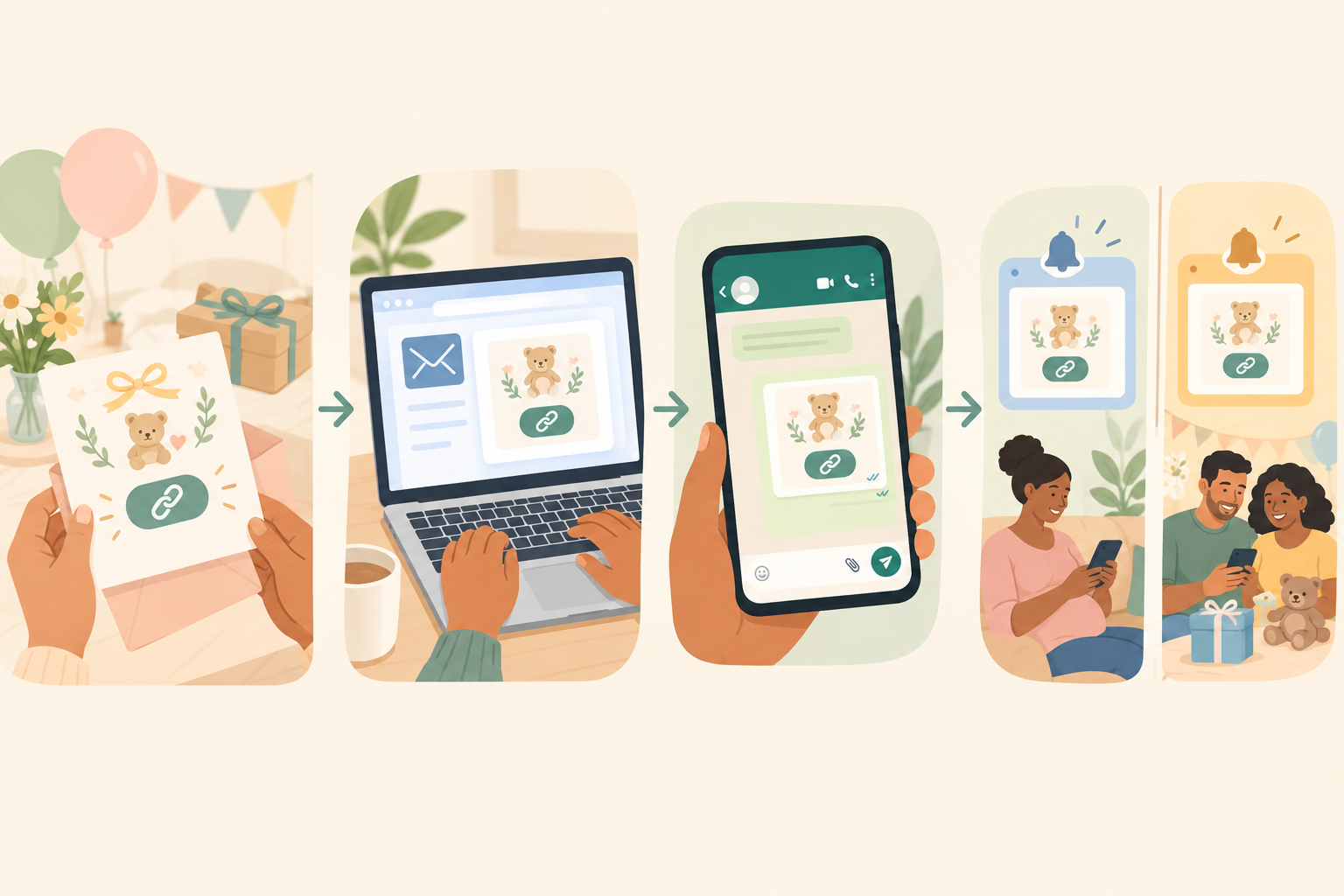 Illustration: A friendly step-by-step graphic showing a registry link being shared via invitation, email and WhatsApp with a reminder before and after the baby shower, in soft warm colours for Baby Registry Mistakes First-Time SA Parents Should Avoid