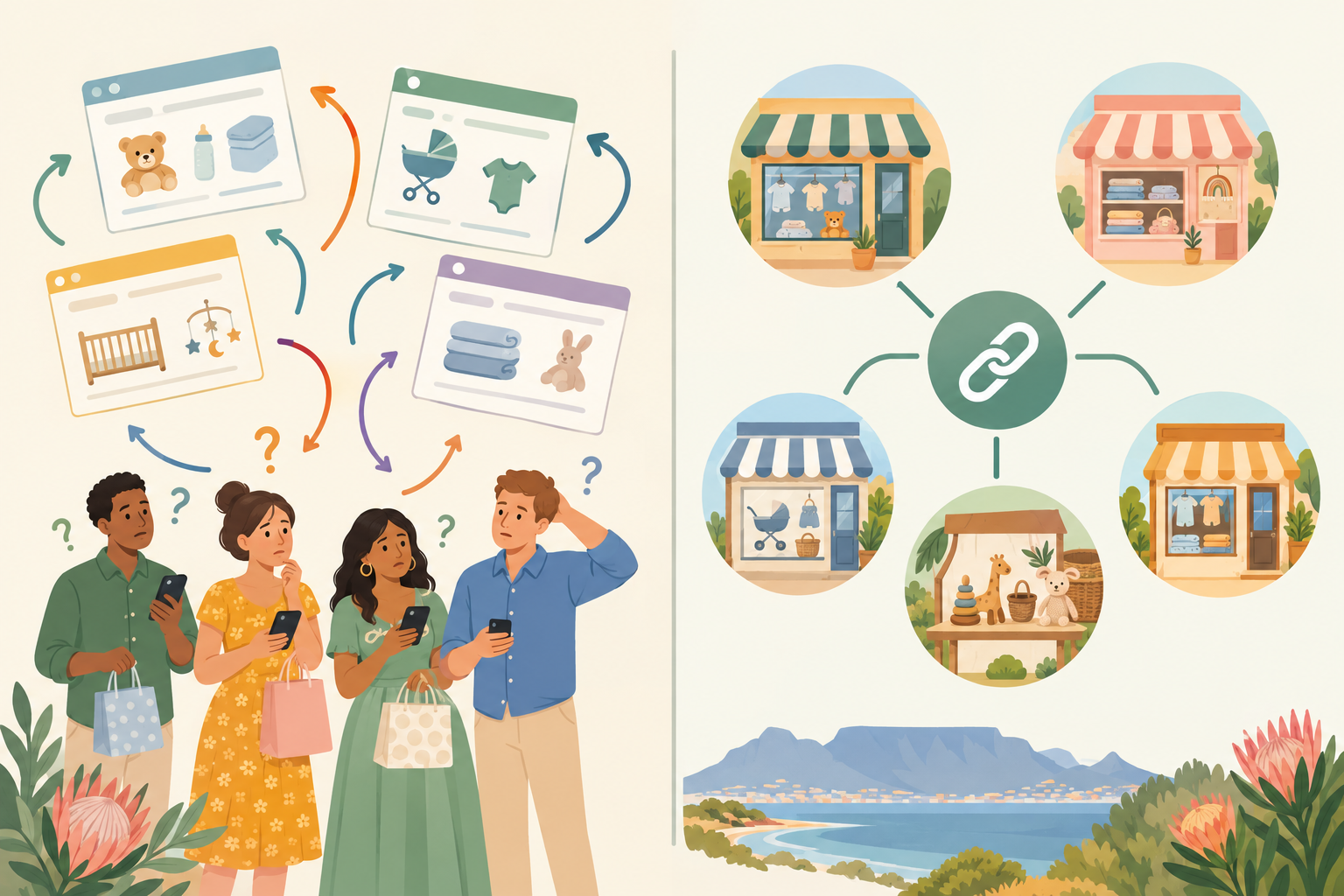 Diagram: A before-and-after diagram: on the left, several scattered registry lists feeding confused guests; on the right, one single registry link connecting to multiple local South African baby stores and artisans for Baby Registry Mistakes First-Time SA Parents Should Avoid