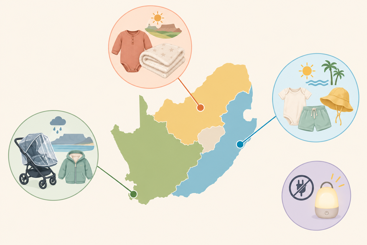 Illustration: An illustrated map of South Africa with icons showing climate-based baby needs for regions like the Highveld, Cape Town and Durban, plus a small load shedding icon with a rechargeable night light for Baby Registry Mistakes First-Time SA Parents Should Avoid