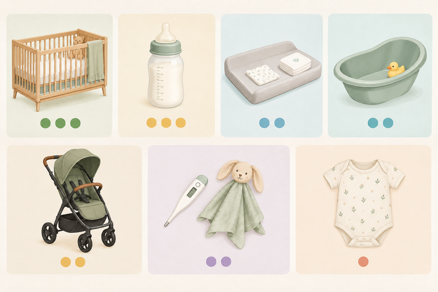 Chart: A simple chart or visual checklist showing a balanced registry mix by category (sleep, feeding, nappy change, bath, travel, health and comfort, clothing) with suggested priority levels, in a warm, approachable style for Baby Registry Mistakes First-Time SA Parents Should Avoid