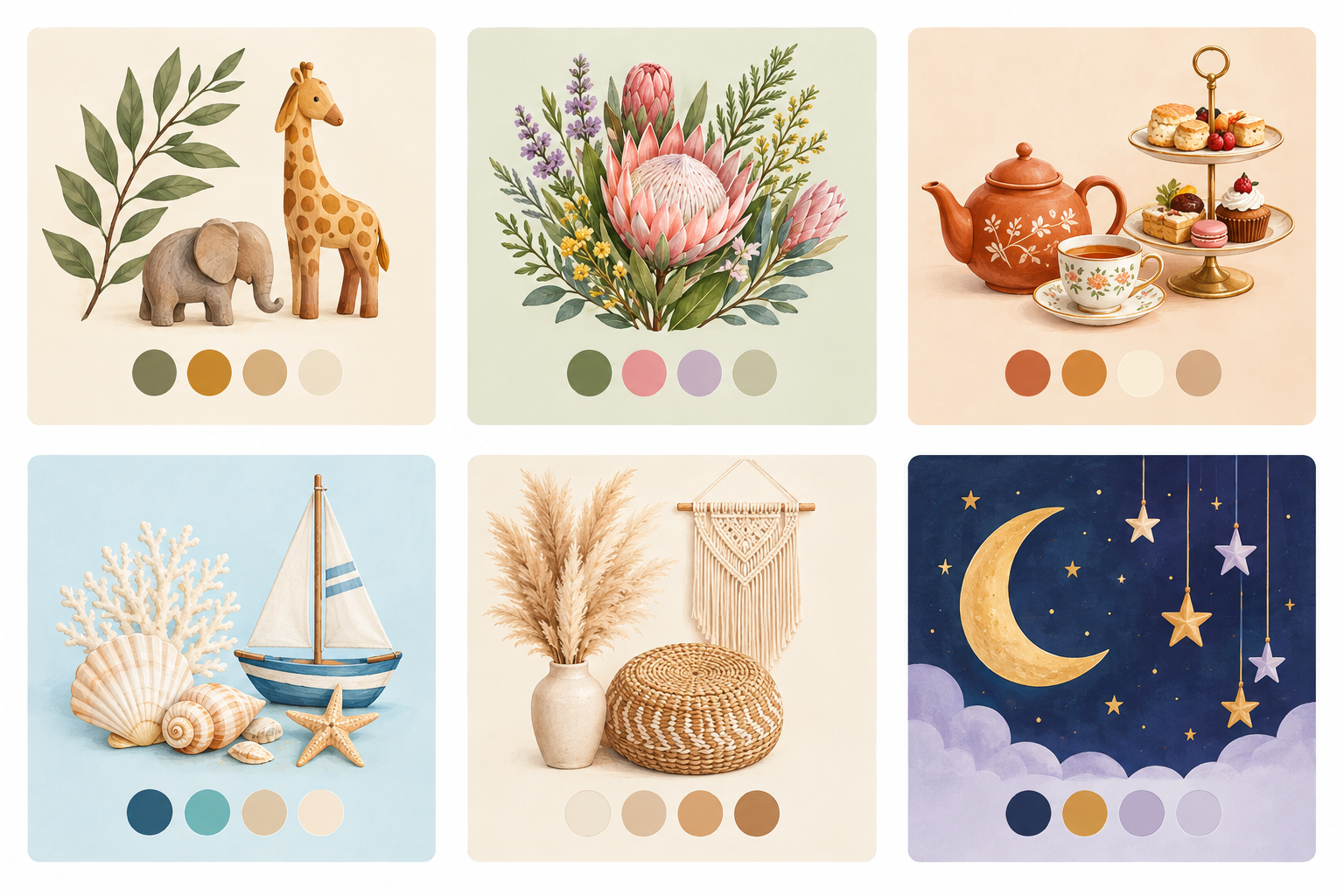 Infographic: A mood-board style infographic featuring six South African baby shower themes (safari, fynbos garden, rooibos high tea, ocean, boho neutrals, starry night), each with a colour palette and two décor icons for Baby Shower Planning 101: Themes, Timing & Tips for SA Hosts