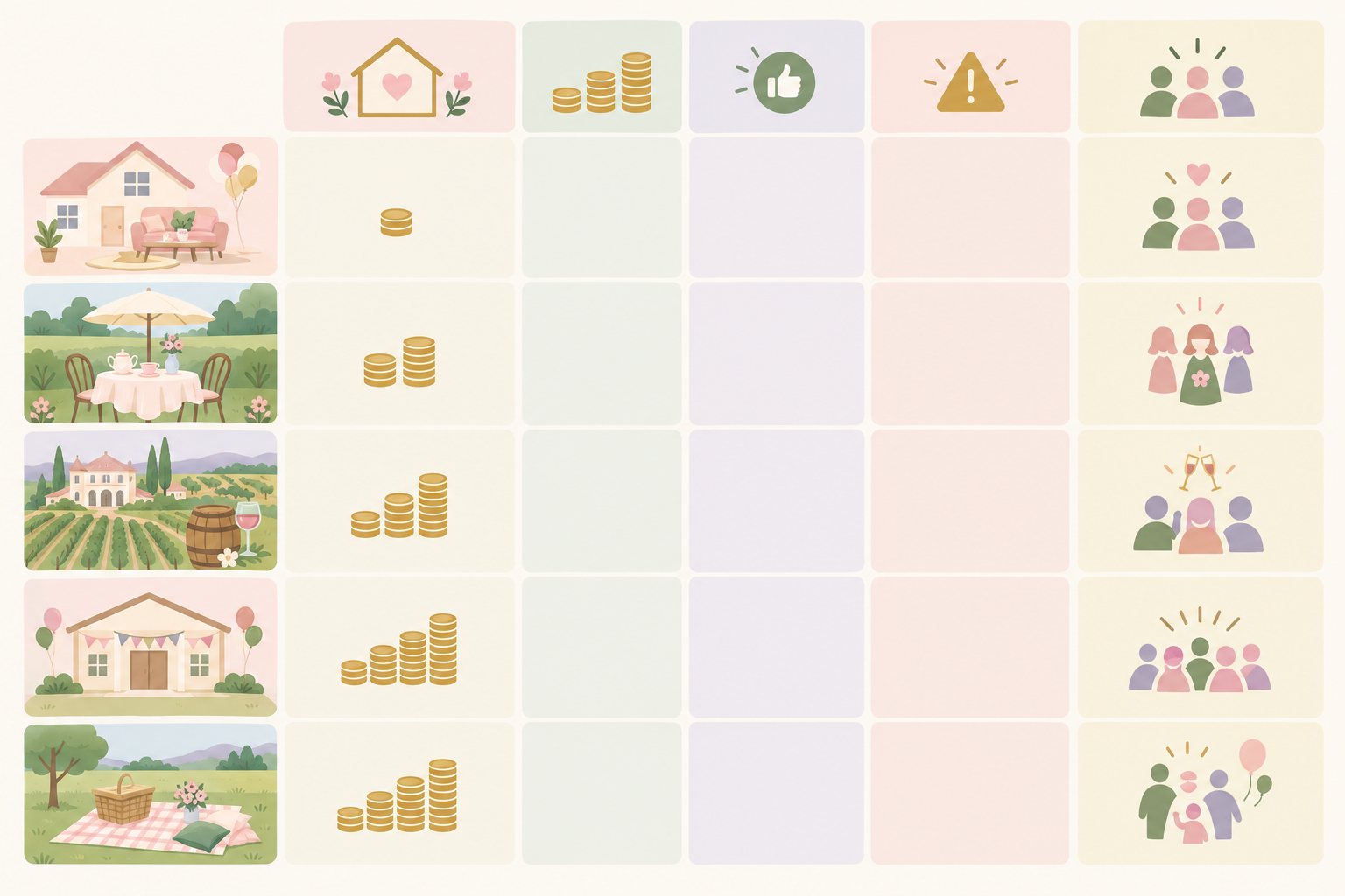 Comparison: A comparison table graphic of five venue types (home, tea garden, wine estate, community hall, park picnic) with columns for estimated cost range in rands, pros, cons and best for, in a soft pastel design for Baby Shower Planning 101: Themes, Timing & Tips for SA Hosts
