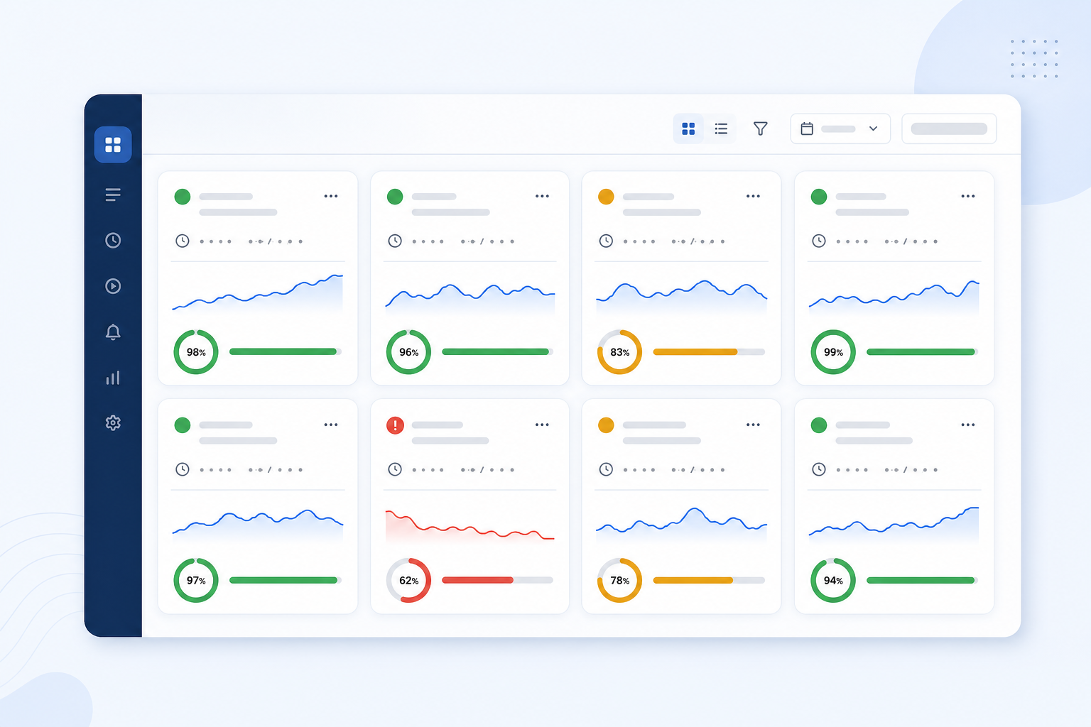 Illustration: A wide dashboard mockup showing multiple background job monitors in a grid, each with a status indicator, last run time, duration sparkline, and success rate percentage, modern SaaS UI design in blue and white for Background Job Monitoring: Metrics That Actually Matter