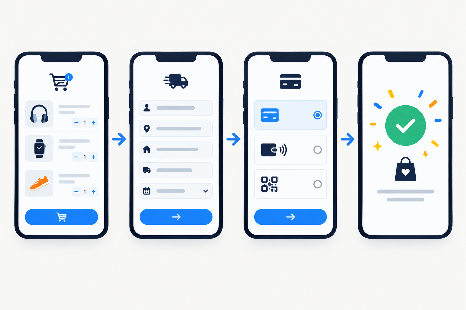 Diagram: A diagram of a streamlined mobile checkout flow in four steps: cart, delivery details, pay with card / Apple Pay / Scan to Pay, instant confirmation, shown on phone screens with arrows for Black Friday Prep: Get Your Online Shop Ready to Sell
