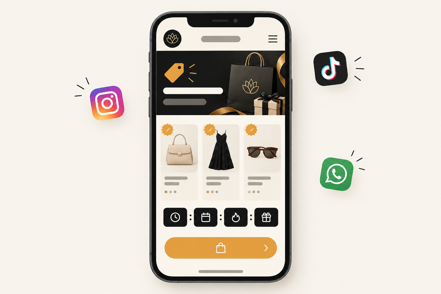 Illustration: A mockup-style graphic of a link-in-bio page for a fictional South African boutique with a Black Friday banner, three featured offers, a countdown and a 'Shop now' button, surrounded by small icons for Instagram, TikTok and WhatsApp for Black Friday Prep: Get Your Online Shop Ready to Sell