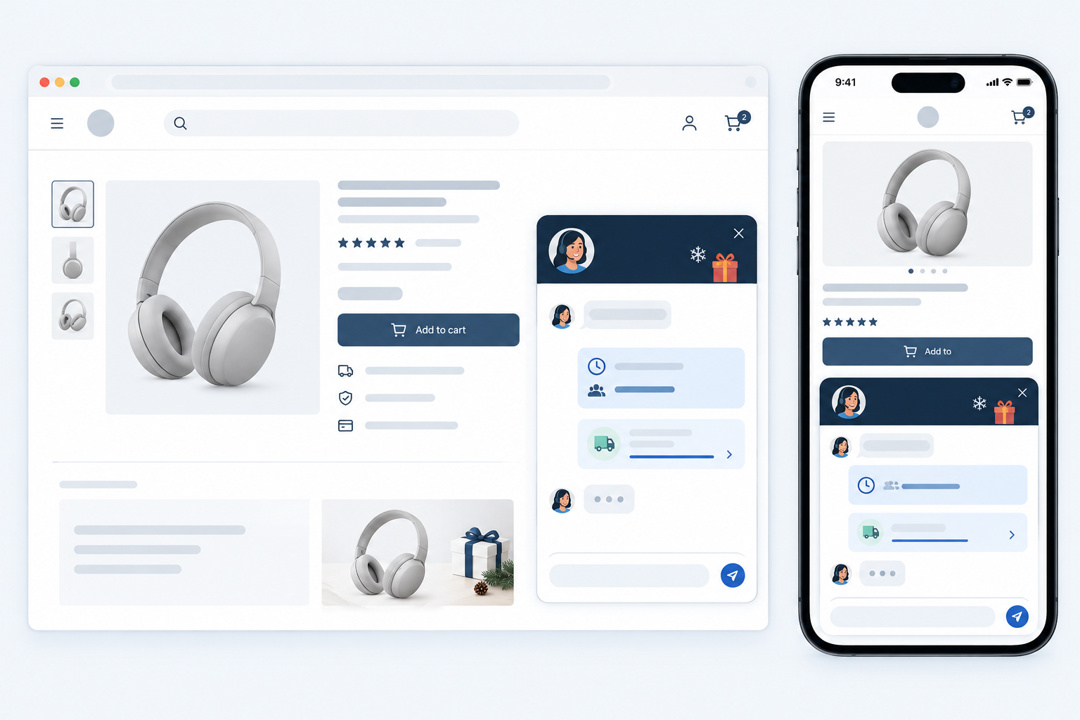 Illustration: A mock screenshot of a live chat widget on an e-commerce product page with a friendly Black Friday greeting, an estimated wait time and a link to delivery cut-off dates. Clean UI, mobile and desktop views side by side. for Black Friday Support Prep: A Checklist for E-commerce Teams
