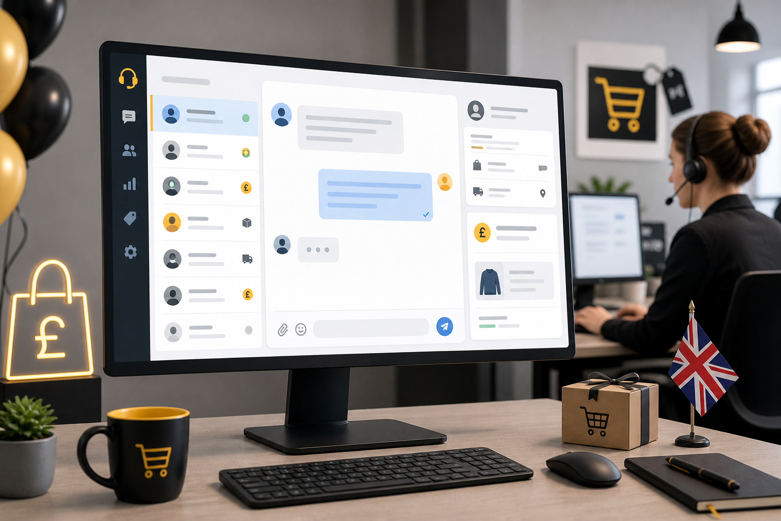 Illustration: A UK online shop's live chat dashboard showing a queue of conversations during Black Friday, with an agent responding for Black Friday Support Prep: A Checklist for Online Stores