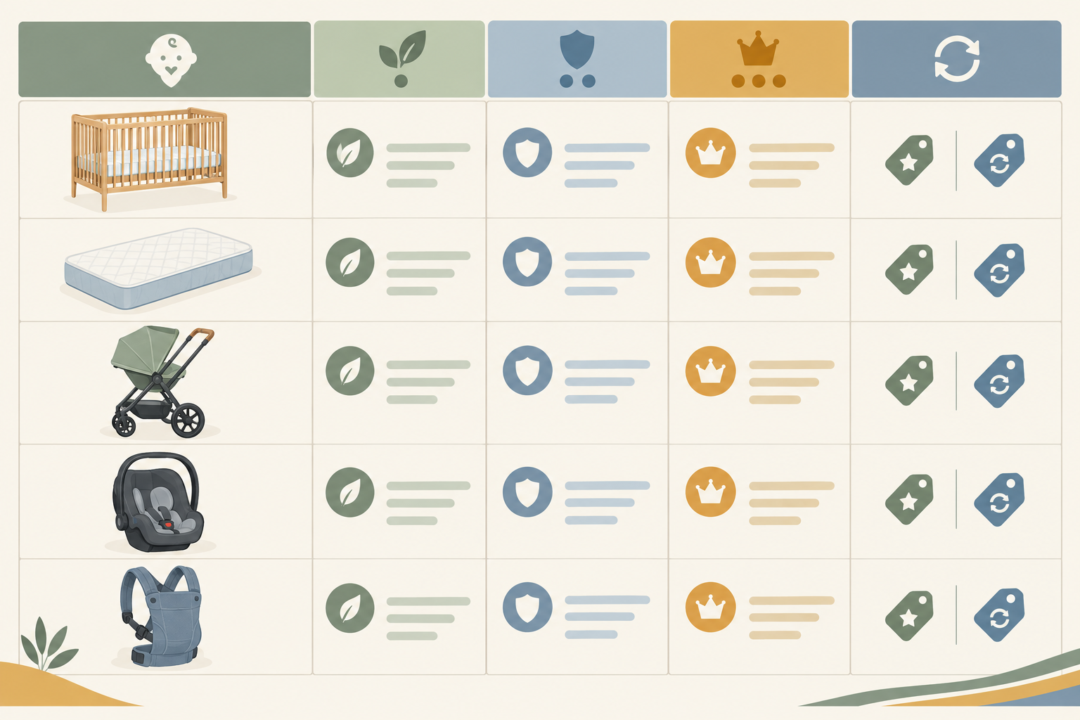 Comparison: Comparison table graphic of nursery and gear items (cot, mattress, pram, car seat, carrier) with lean, mid-range and investment options in Rand and a buy-new versus second-hand recommendation column for Budgeting for Baby: What SA Parents Really Spend in Year One
