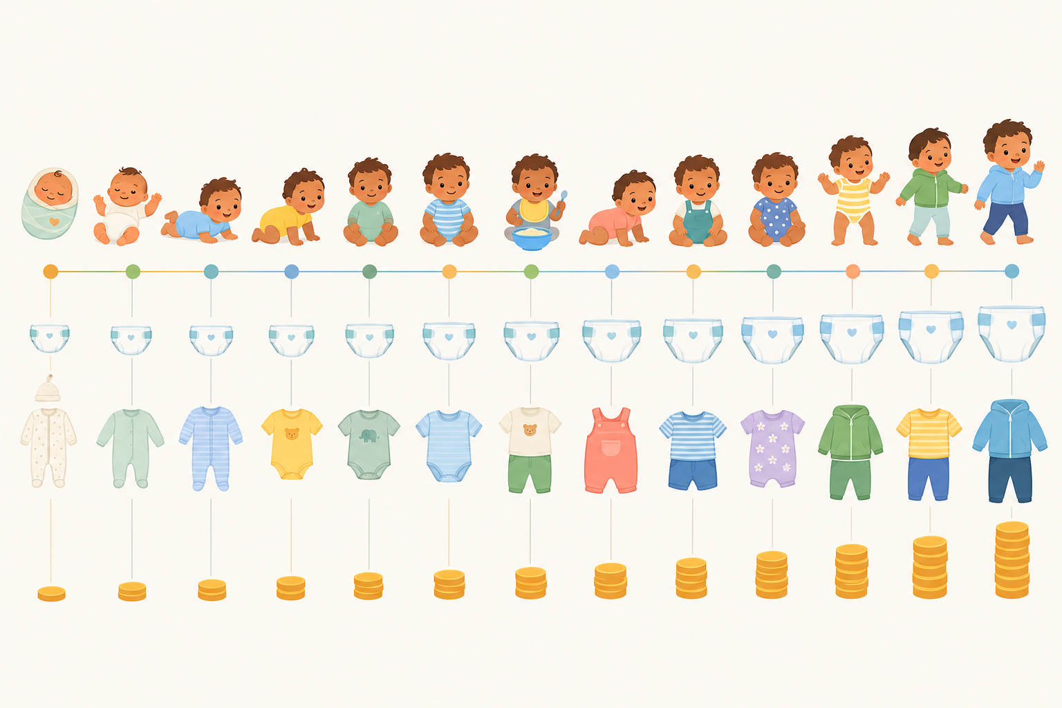 Infographic: Simple timeline infographic of month-by-month baby spending from 0 to 12 months, showing nappy size changes, starting solids and clothing size bands, with estimated Rand ranges per month, friendly rounded icons for Budgeting for Baby: What SA Parents Really Spend in Year One