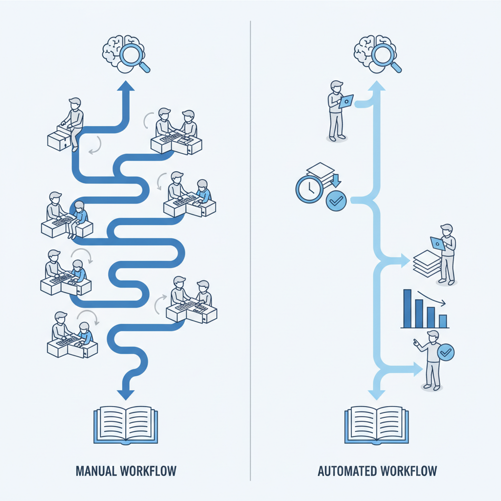 Chart: A side-by-side comparison chart showing manual content workflow with many steps and time indicators versus automated workflow with fewer human touchpoints and significant time savings highlighted for Build a Content Calendar That Runs Itself