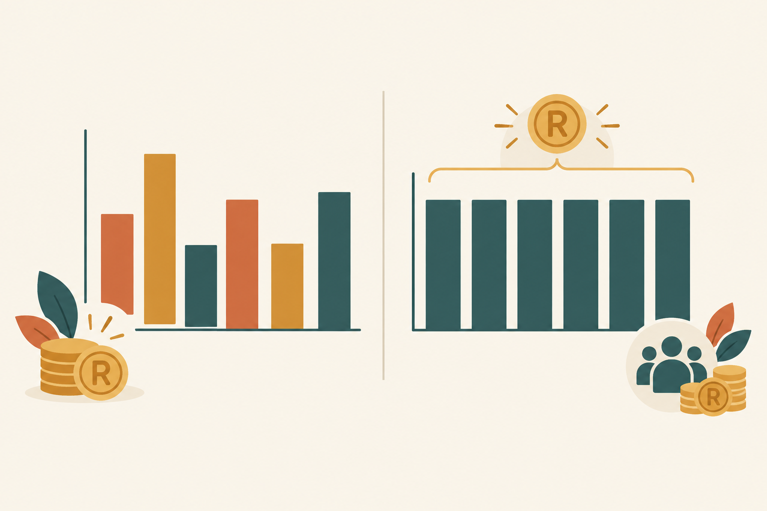 Chart: Simple side-by-side bar chart comparing unpredictable month-to-month one-off sales with steady recurring income from 40 members at R250 a month (R10,000), clean design, rand currency labels, warm brand-friendly colours for Build Recurring Revenue With Memberships and Subscriptions