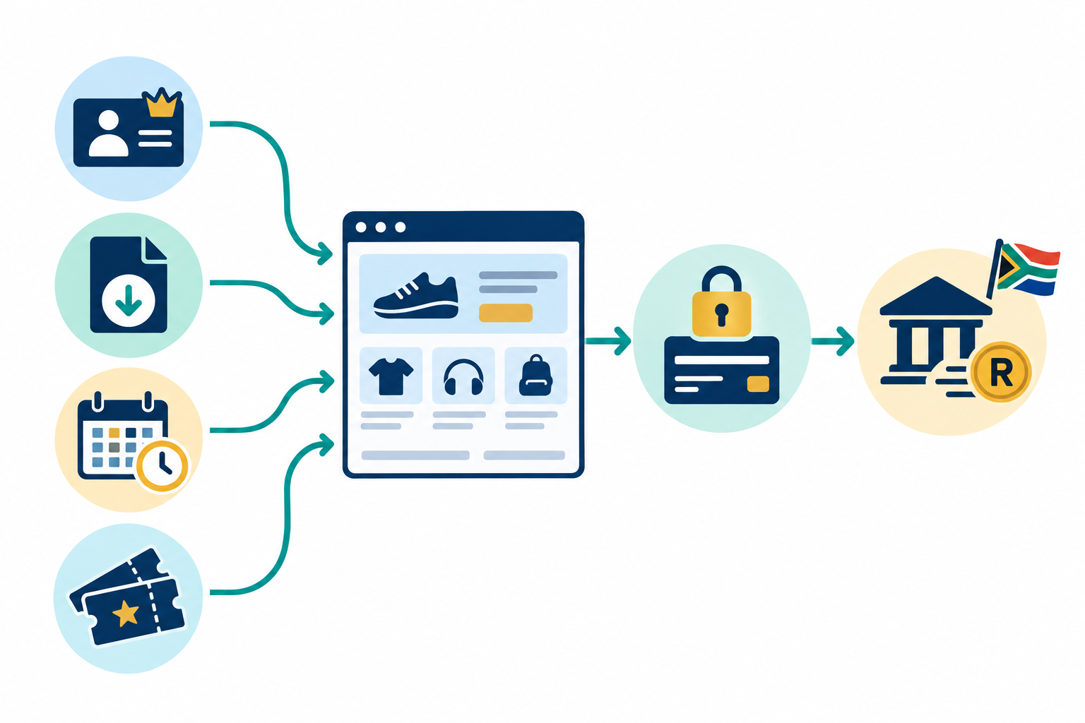 Diagram: Diagram showing one Shopstar page at the centre connected to a membership, digital downloads, bookings and event tickets, flowing into a single checkout and then a daily payout to a South African bank account for Build Recurring Revenue With Memberships and Subscriptions