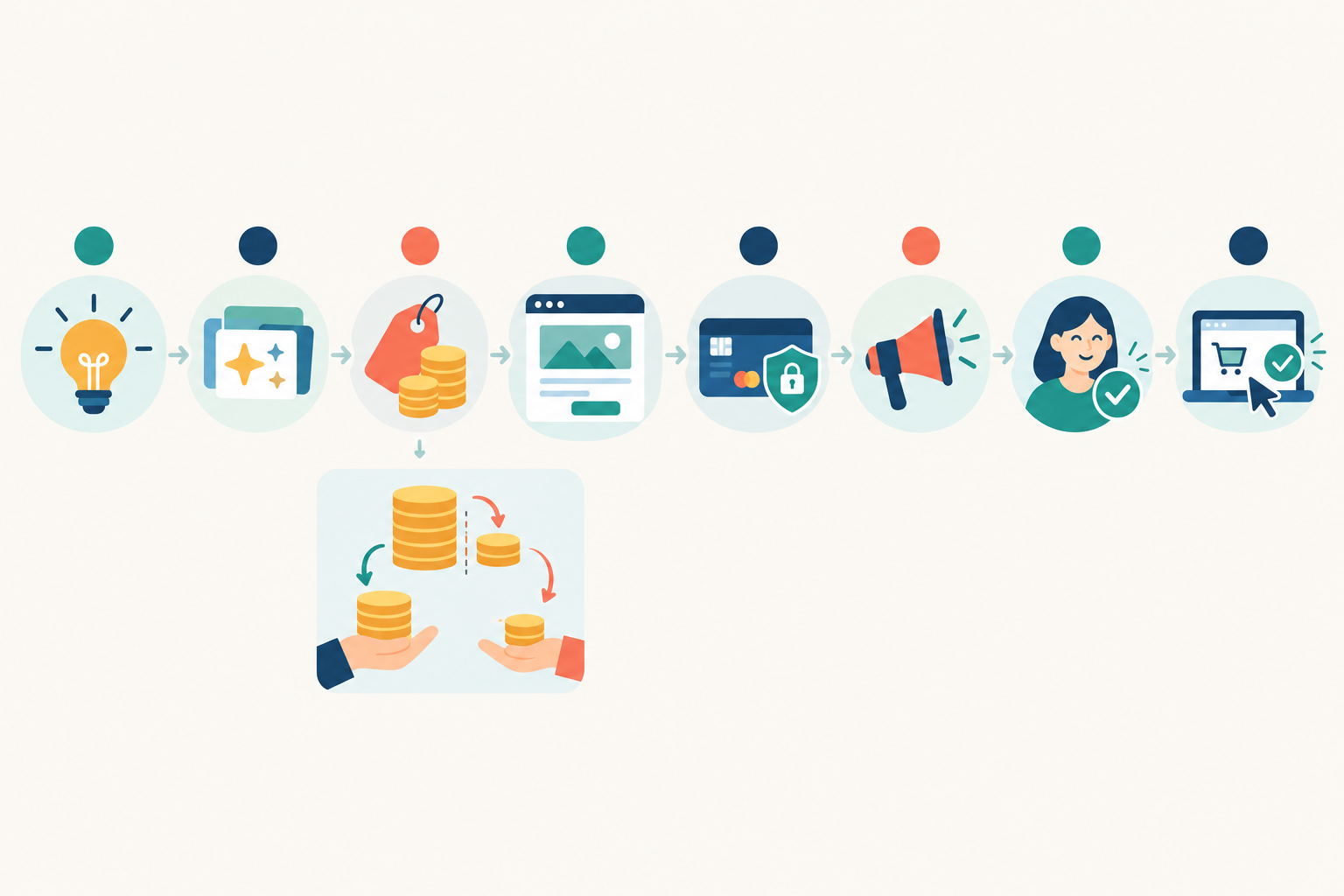 Infographic: Infographic of an eight-step checklist for launching a membership page, from defining the offer to testing your own purchase, including a small fee example showing a R299 membership and the R281.06 left after the 6% Start Free rate for Build Recurring Revenue With Memberships and Subscriptions
