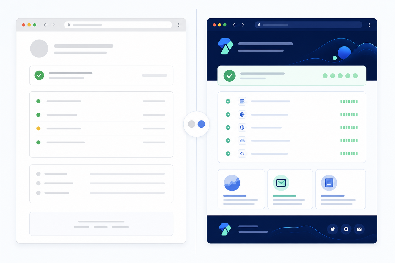 Comparison: Side-by-side screenshot comparison of a generic unbranded status page versus a fully branded status page with custom domain, logo, and colour scheme matching a fictional SaaS product. Alt text: "Left: generic unbranded status page with default styling. Right: branded status page with custom domain, company logo and matching colours. Mockups for illustration only. for Building a Branded Status Page That Builds Customer Trust