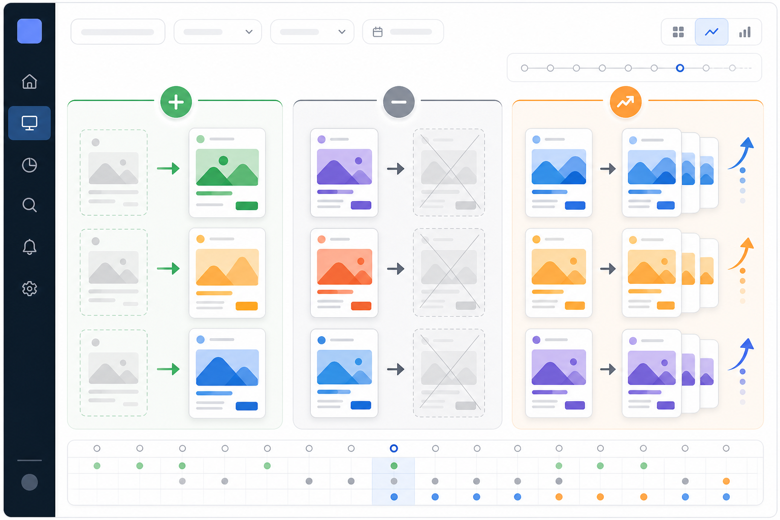 Comparison: A side-by-side visual diff comparison showing 'New,' 'Stopped,' and 'Scaling' ad categories with sample ad creative placeholders and directional arrows indicating change, dashboard-style UI mockup. Caption: How a weekly ad diff might categorise a competitor's changes. Alt text: Dashboard mockup comparing new, stopped and scaling competitor ads side by side. for Building a Competitive Ad Monitoring Workflow for Your Team