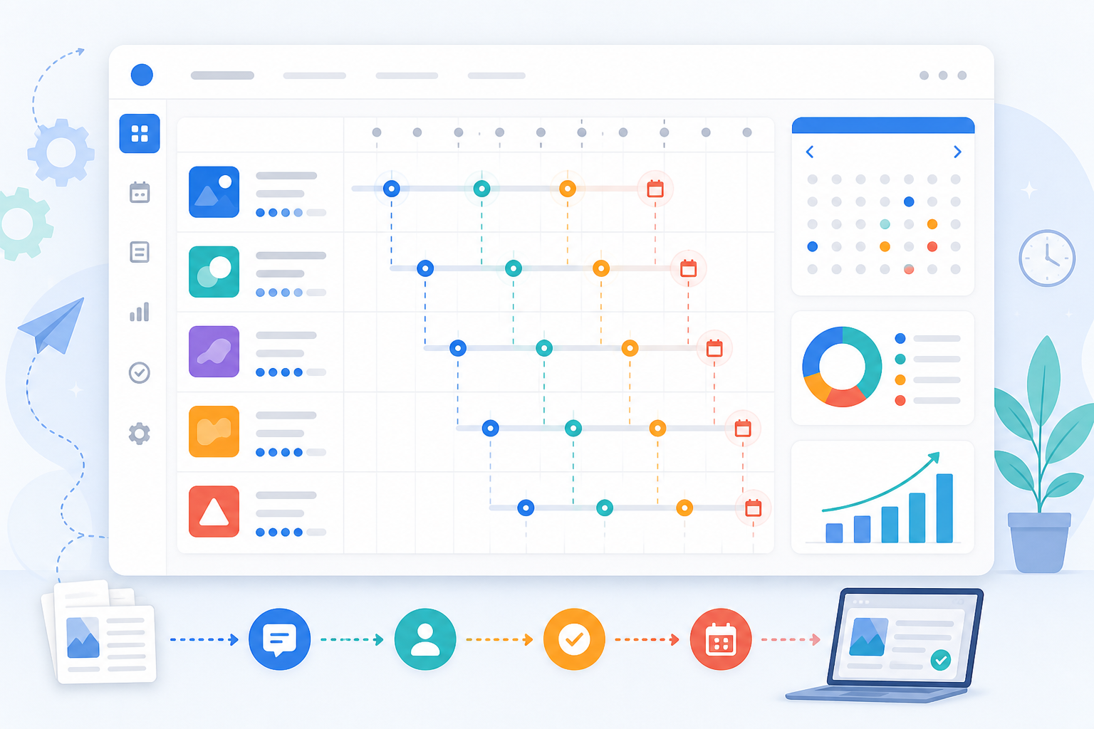 Illustration: Illustrative mock-up of a content scheduling dashboard showing multiple client sites with staggered review days, publish dates, and article counts per month. Example data only, not an actual client account. for Building a Content Calendar That Runs on Autopilot