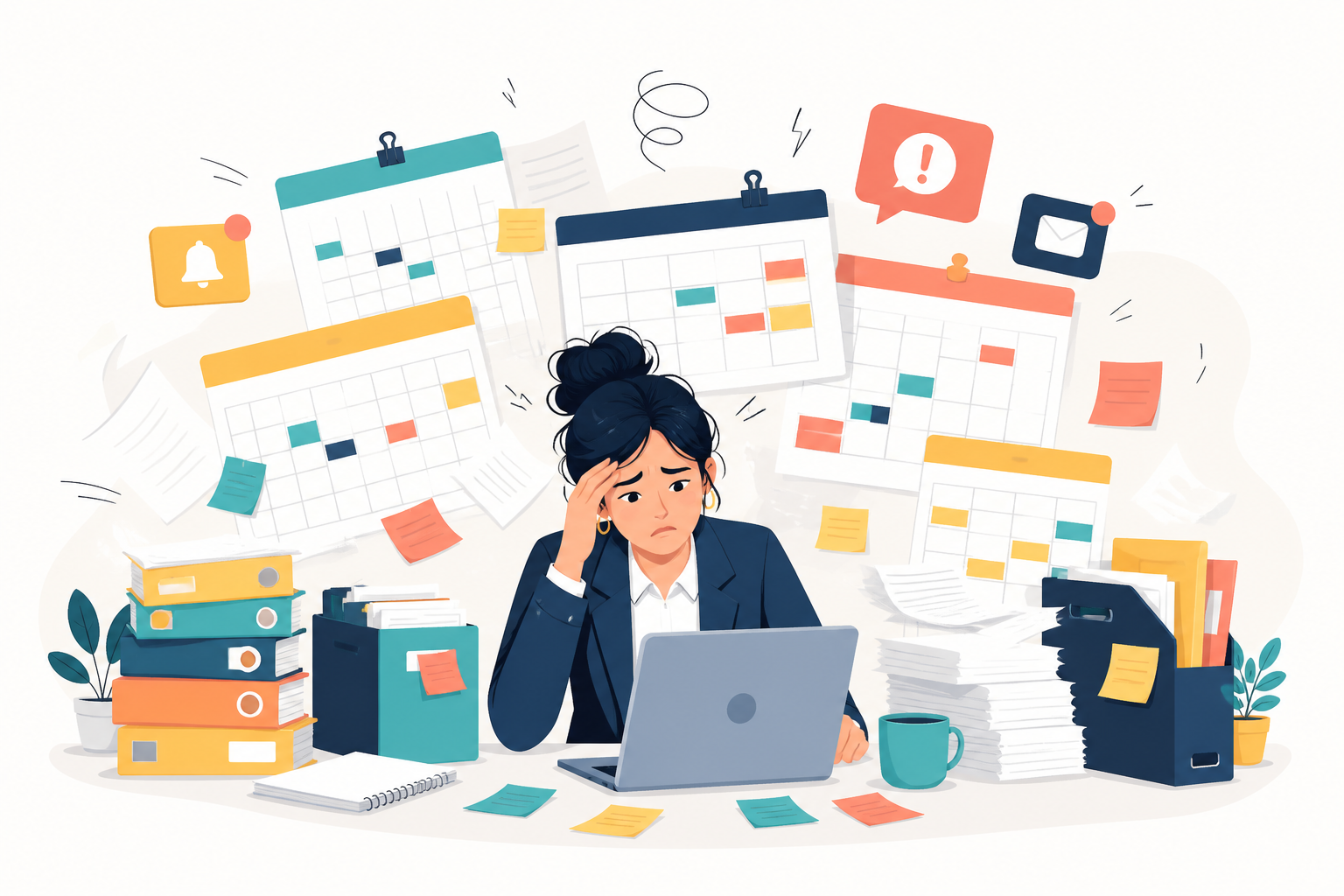 Illustration: A stressed agency team member surrounded by overlapping spreadsheets and sticky notes representing multiple client content calendars, conveying overwhelm and chaos for Building a Content Calendar That Runs on Autopilot