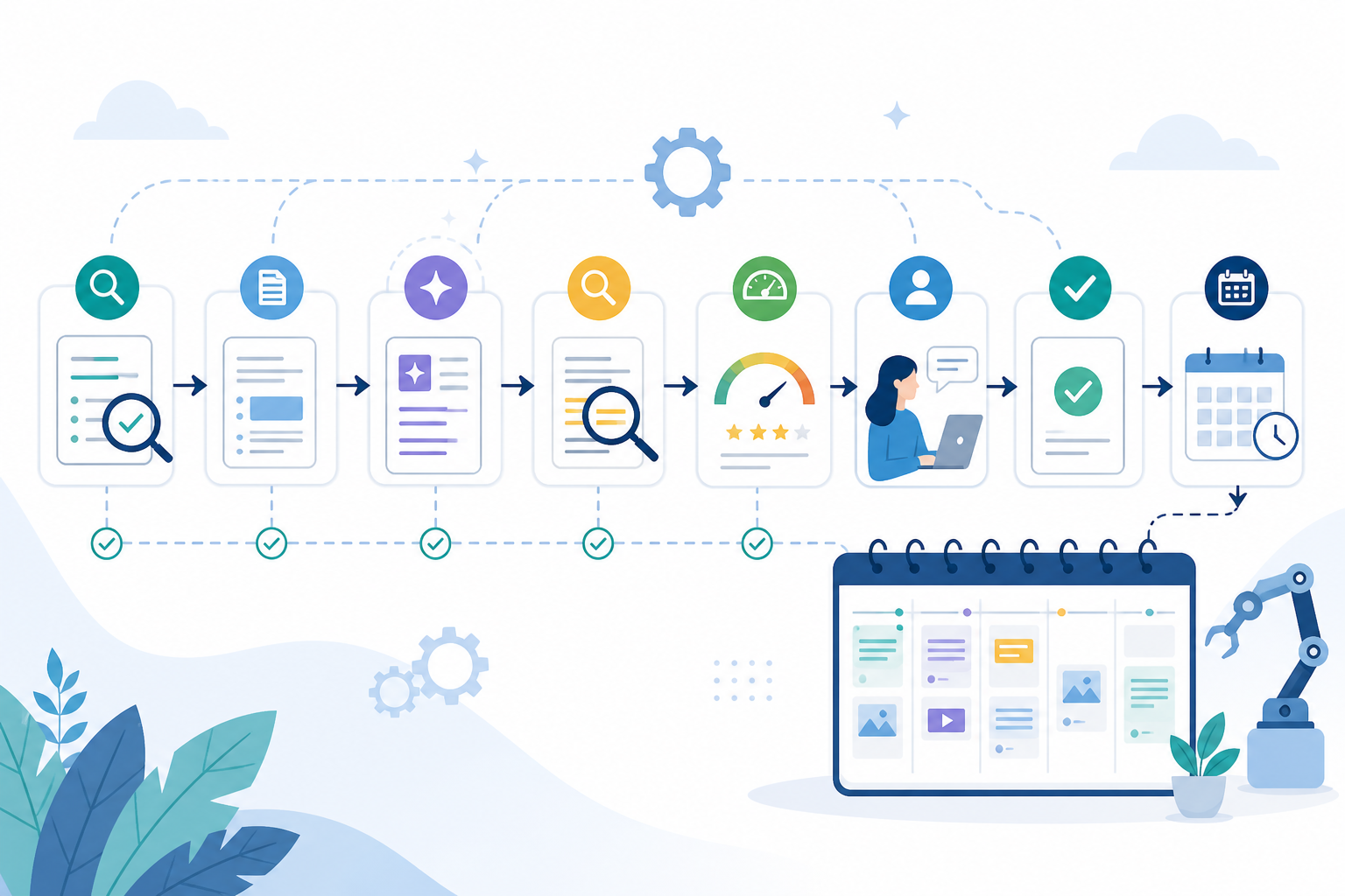 Illustration: Illustrative mock-up of an automated content pipeline showing keyword validation, brief generation, AI draft, verification, quality scoring, human review, client approval, and scheduled publishing. Labelled as an example workflow, not live data. for Building a Content Calendar That Runs on Autopilot