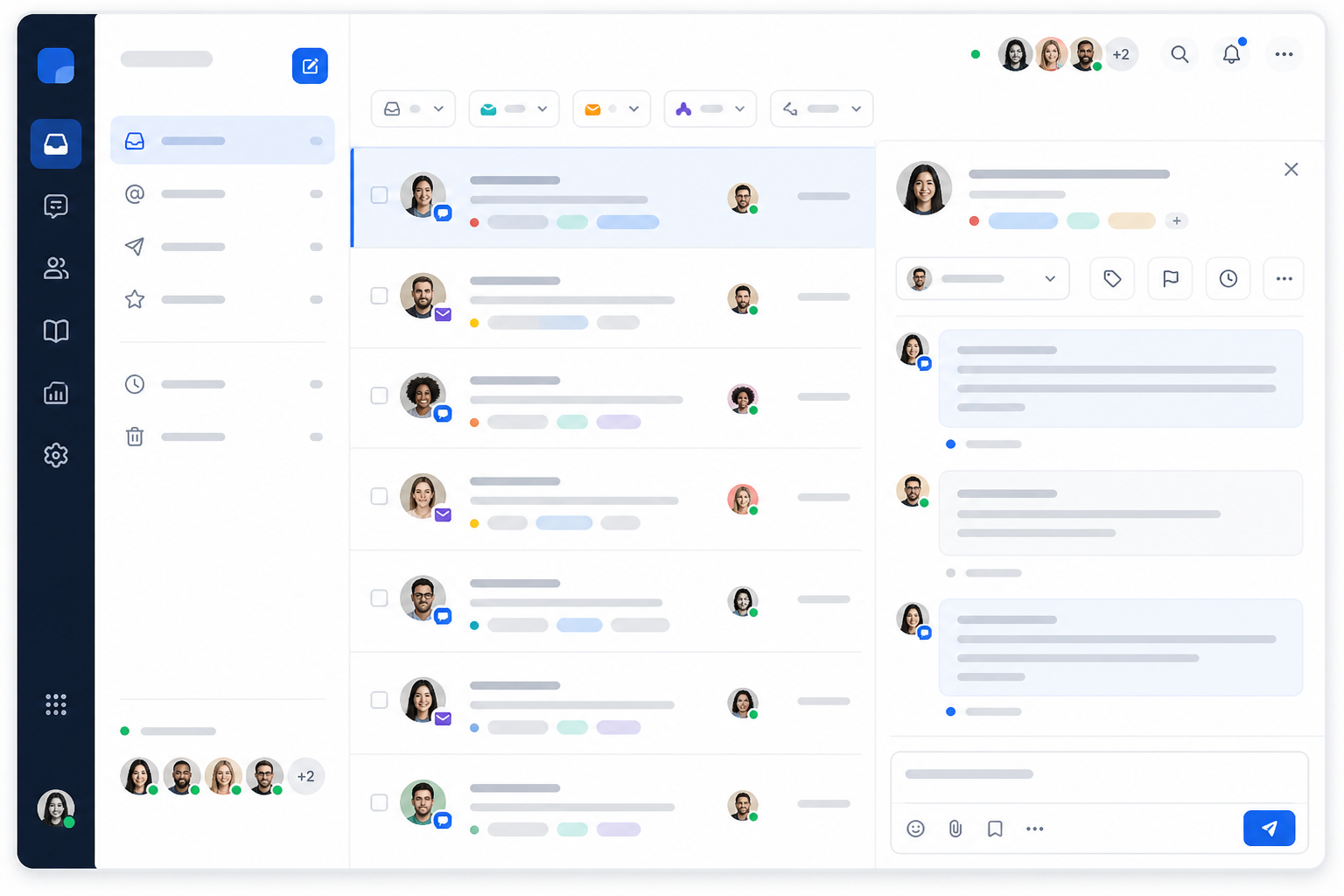 Illustration: style mockup of a shared inbox interface showing live chat and email tickets merged into one list, with tags and filters visible, clean SaaS product UI aesthetic for Building a Support Culture in a Fully Remote Startup