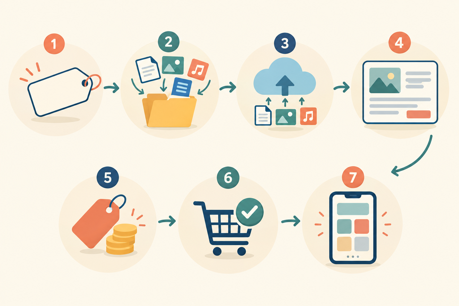 Infographic: Step-by-step infographic showing the seven stages of creating a digital bundle: name, gather files, upload as a digital download, describe, price, test purchase, feature on link in bio page for Bundle Up: Selling Digital Product Packages That Convert