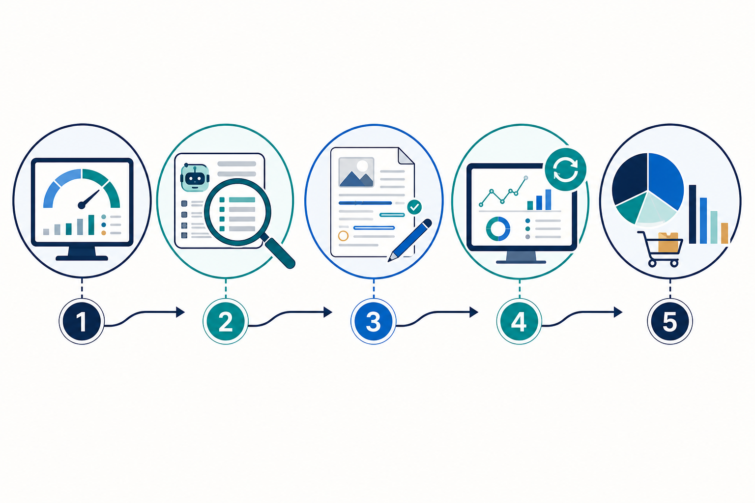Infographic: A clean five-step numbered infographic showing the recovery process: baseline visibility scoring, AI legibility audit, content rewrite, ongoing monitoring, and share of voice tracking, in a simple horizontal flow. for Case Study: How an E-commerce Brand Lost Sales to AI Answers