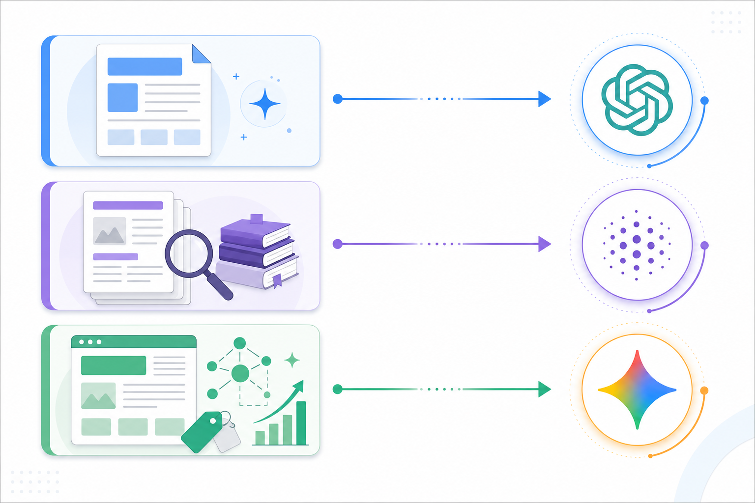 Diagram: An infographic showing three content archetypes (fresh/structured content, comprehensive/authoritative content, schema-rich/SEO-optimized content) with arrows pointing to the AI platform that favors each, styled as a simple flow diagram for ChatGPT vs Perplexity vs Gemini: A Guide for Agencies