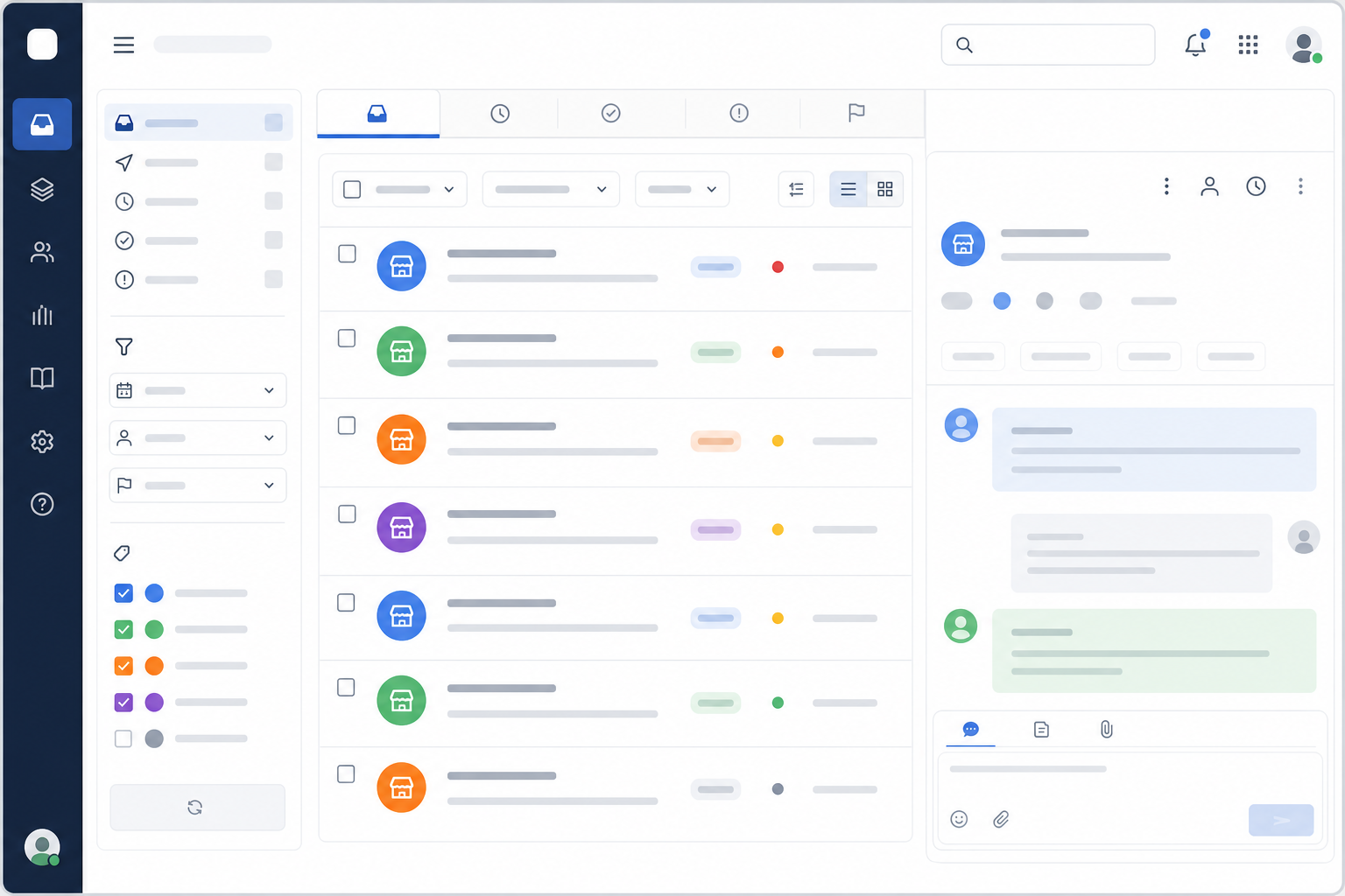 Illustration: A screenshot-style mockup of a help desk inbox interface showing color-coded tags for different brands, with filter options visible in a sidebar for Choosing Help Desk Software for a Multi-Brand Company