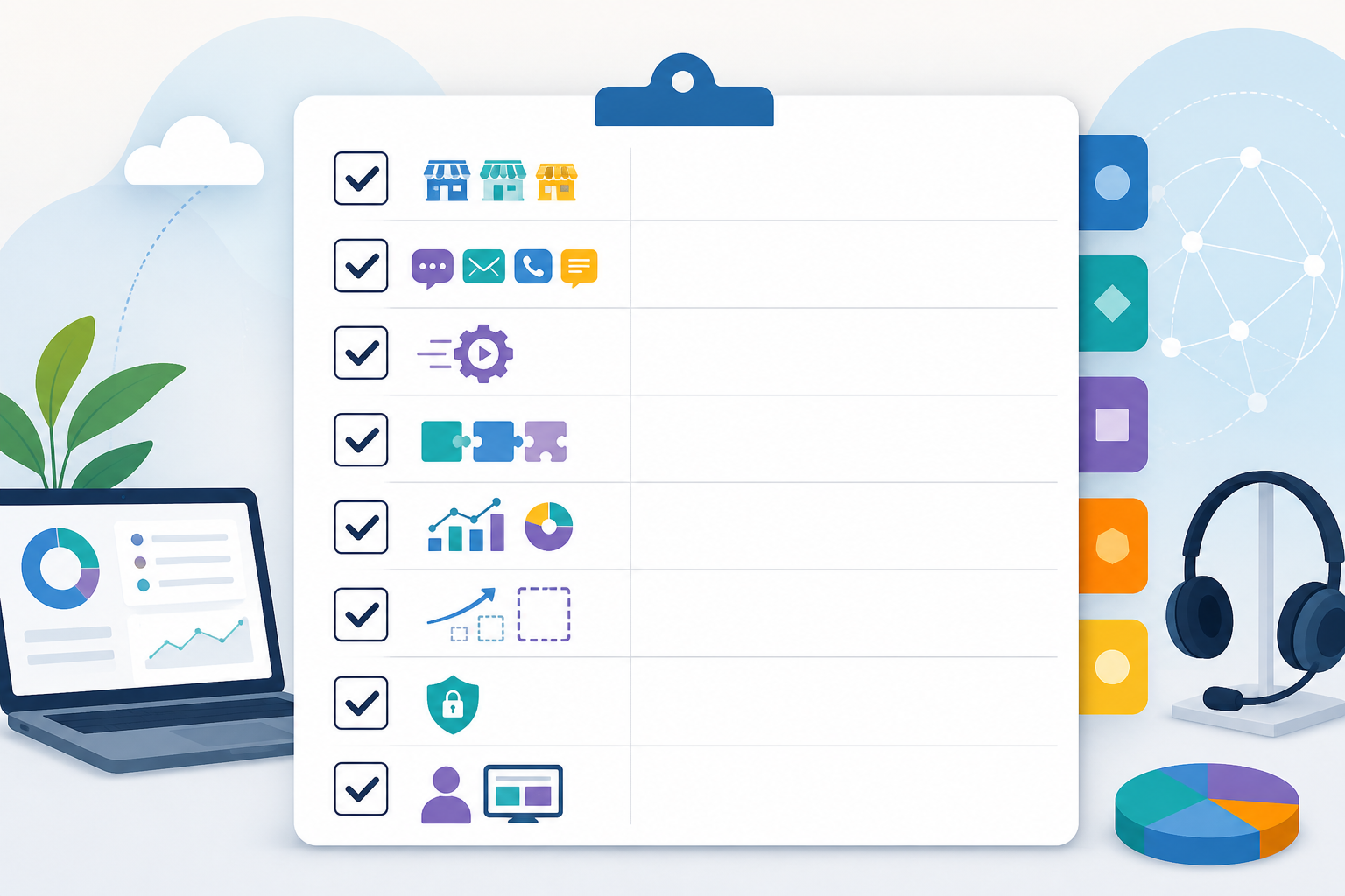 Illustration: A tidy checklist graphic with checkmarks next to each evaluation criterion, styled like a printable buyer's guide checklist, friendly and approachable design for Choosing the Right Help Desk Software for a Multi-Brand Company