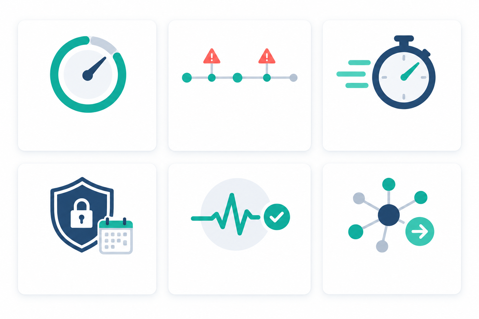 Infographic: Infographic showing the six core client-friendly uptime metrics as icon cards: uptime percentage, incident history, response time, SSL expiry, cron/heartbeat status and DNS changes, each with a one-line plain-English explanation, clean modern style in teal and white for Client Reporting Made Easy: Uptime Analytics Agencies Can Share