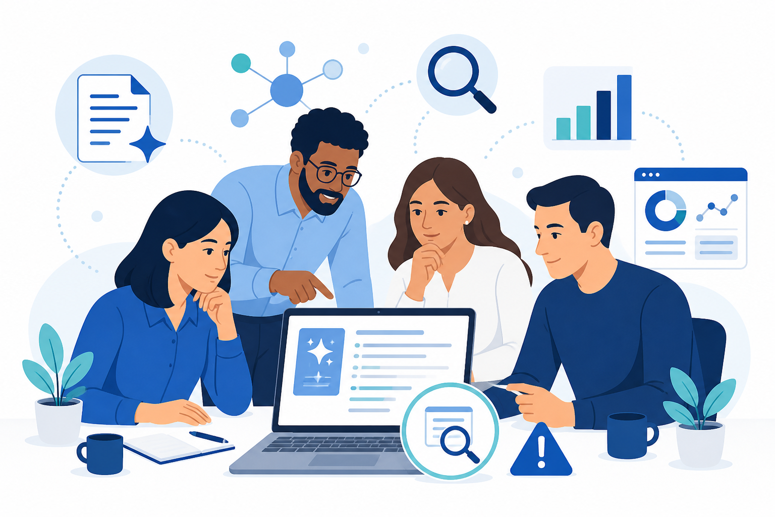 Illustration: A modern marketing team gathered around a laptop reviewing an AI-generated blog post on screen, with subtle icons representing content strategy, SEO, and analytics floating around them, clean flat illustration style, blue and white colour palette for Common Mistakes to Avoid When Implementing AI Content Tools