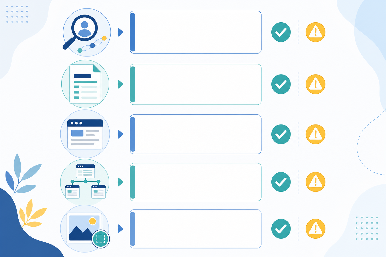Infographic: Simple infographic checklist showing key on-page SEO elements: search intent, headings, meta description, internal links, image alt text for Common Mistakes to Avoid When Implementing AI Content Tools