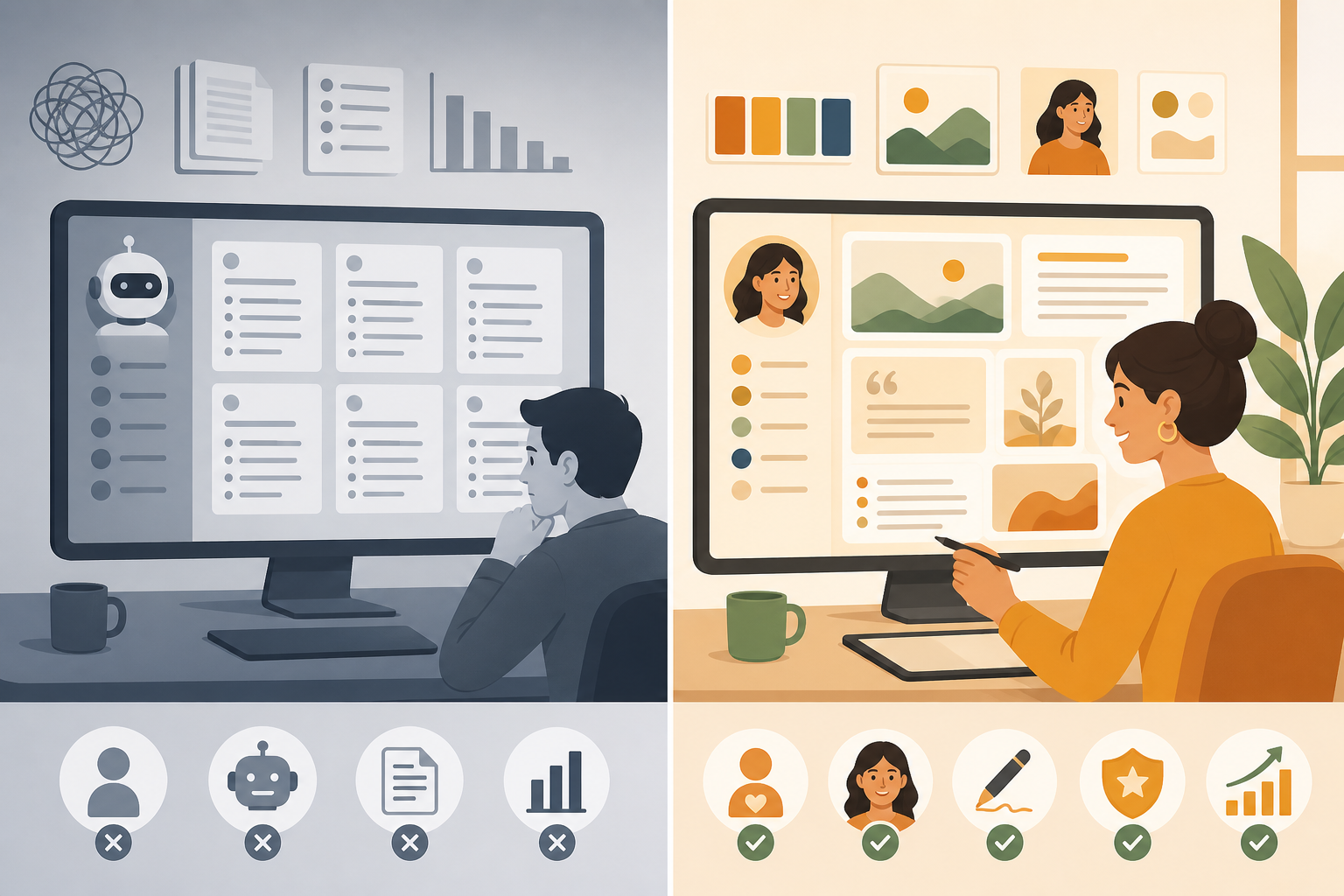 Comparison: Split-screen comparison graphic showing generic robotic AI text on one side and warm on-brand content on the other, labelled 'Before Voice Training' and 'After Voice Training for Common Mistakes to Avoid When Implementing AI Content Tools
