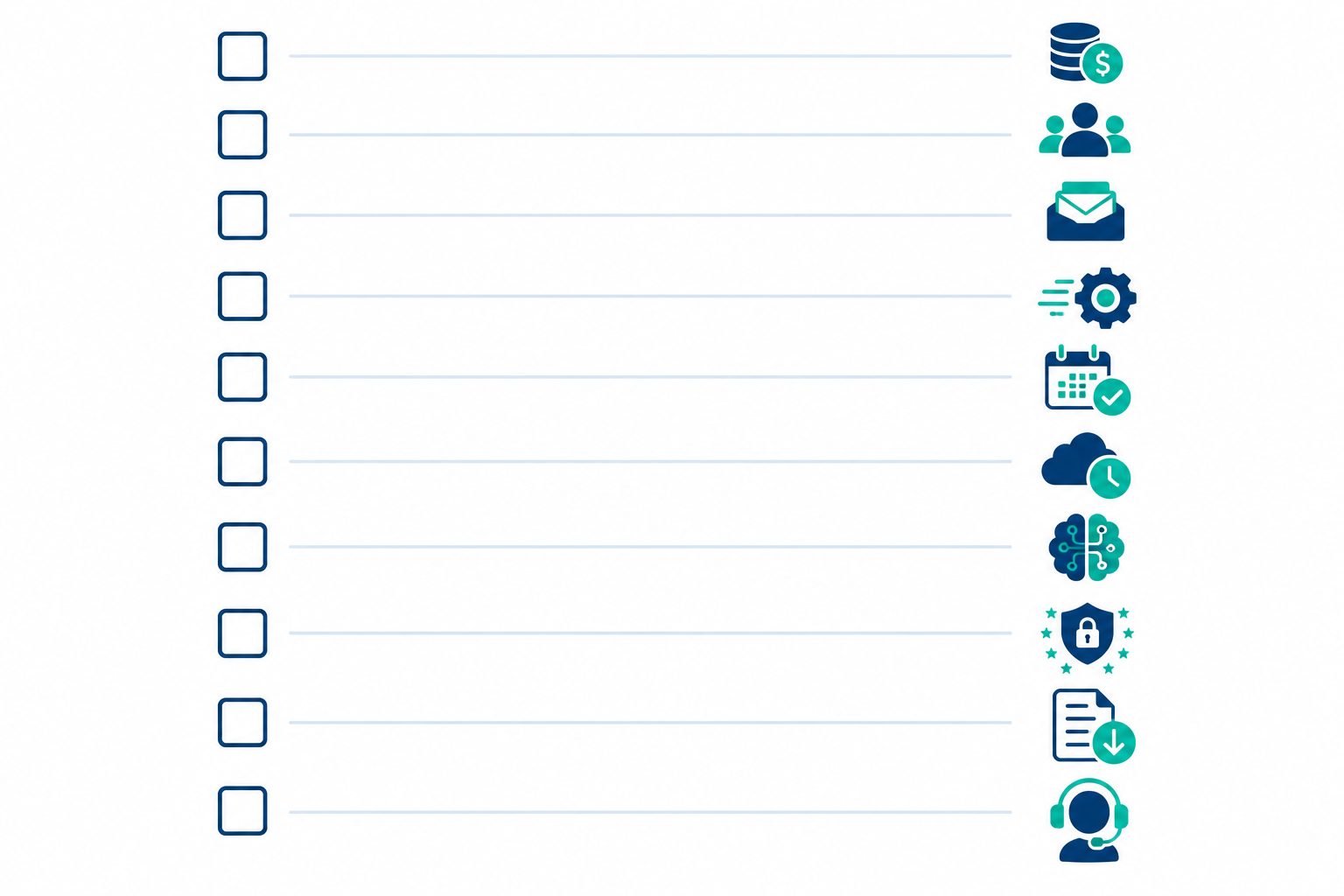 Infographic: Printable-style infographic checklist with ten tick-box items for choosing help desk software, covering pricing predictability, unlimited agents, shared inbox features, setup speed, free trial, uptime, AI options, GDPR and data export. for Comparing Top Help Desk Software Options for Small Teams