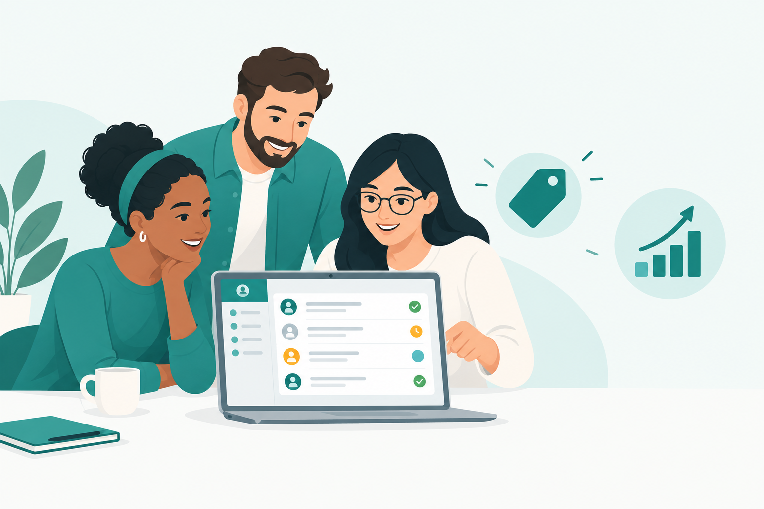 Chart: Header illustration of a small team gathered around a laptop with a shared inbox on screen, next to a simple price tag and a rising bar chart. Friendly teal and white styling. for Comparing Top Help Desk Software Options for Small Teams